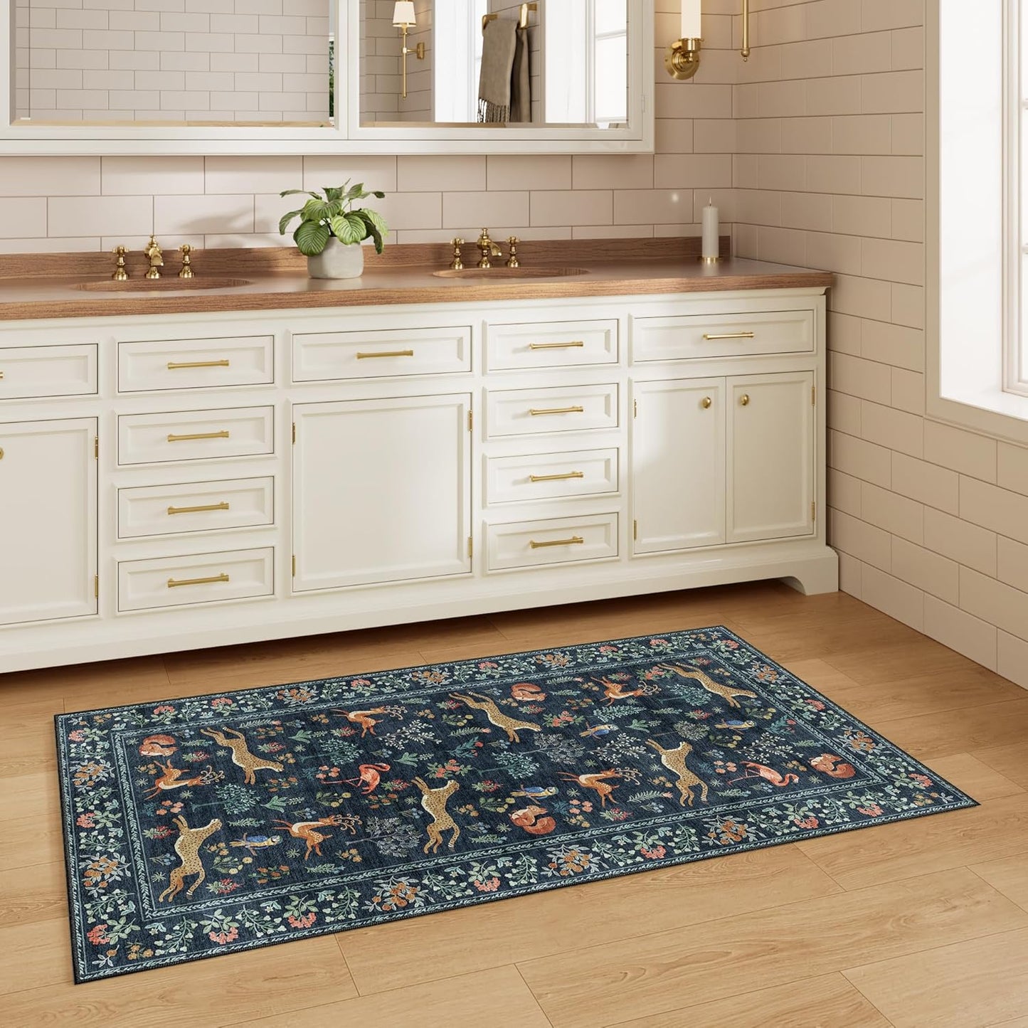 DUKINO 2x4 Rug for Hallway, Washable Kitchen Runner Rug with Non Slip Backing, Soft Low Pile Vintage Animal Runner for Bedroom, Kitchen, Hallway, Entryway, Laundry, Navy Blue
