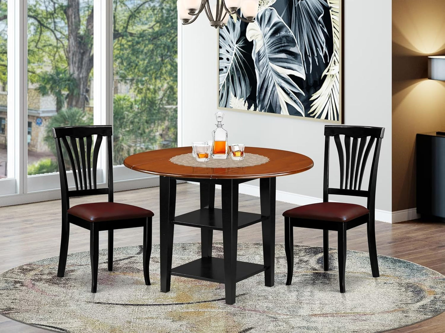 East West Furniture SUAV3-BCH-LC 3 Piece Dining Table Set Contains a Round Dining Room Table with Dropleaf & Shelves and 2 Faux Leather Upholstered Chairs, 42x42 Inch, Black & Cherry