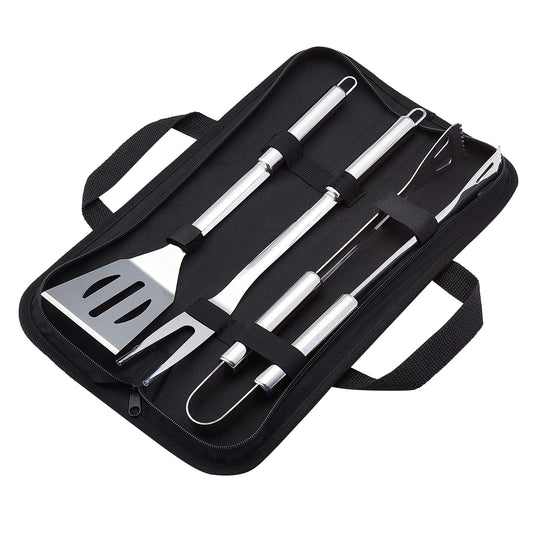 Amazon Basics 4-Piece Stainless Steel BBQ Grilling Tool Set with Carry Bag, Rust-Resistant, Dishwasher Safe