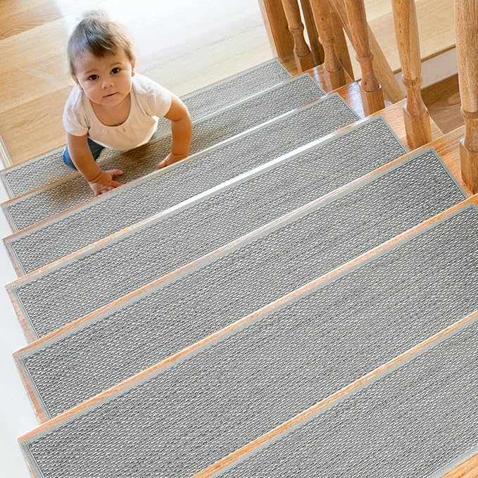 Stair Treads Non Slip for Wooden Steps Indoor 9" x 30" 4 Pack Extra Wide Stair Tread Carpet Stairs Runner, Step Pads with Reusable Adhesive for Dogs Kids Elders, Machine Washable, Light Grey