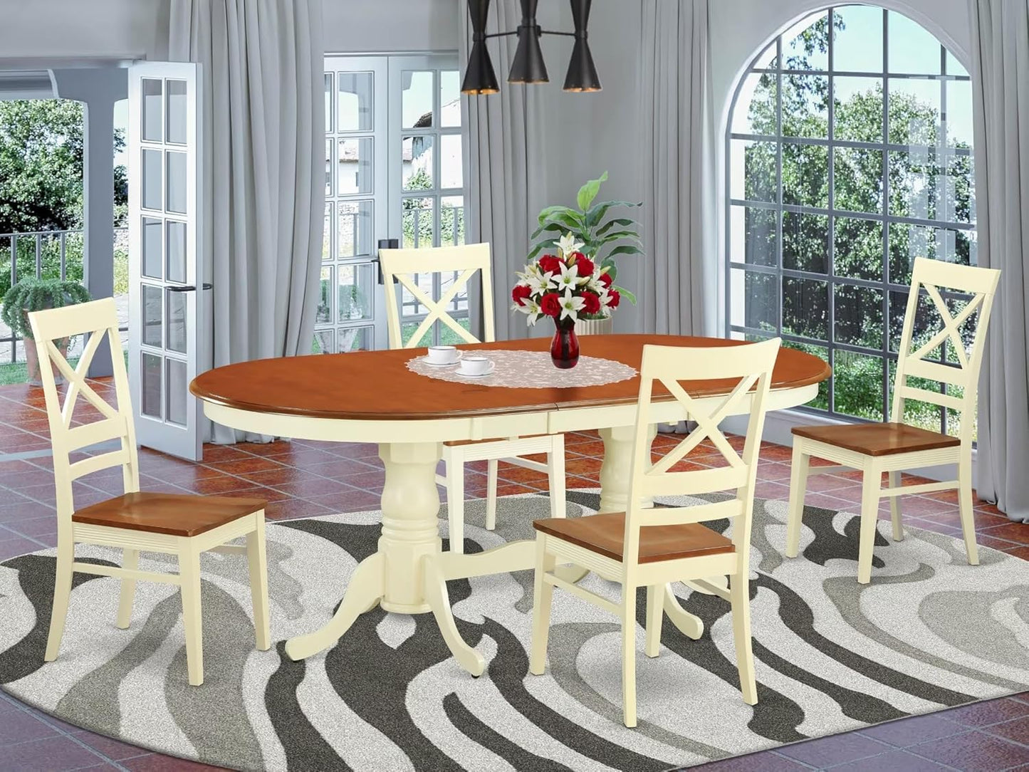 East West Furniture PLQU5-WHI-W 5 Piece Modern Dining Table Set Includes an Oval Wooden Table with Butterfly Leaf and 4 Dining Room Chairs, 42x78 Inch, Buttermilk & Cherry