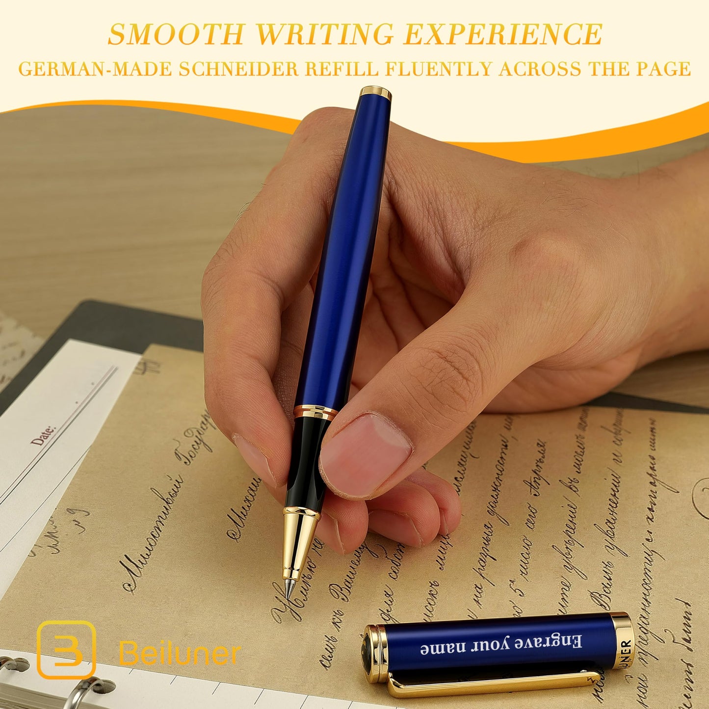 BEILUNER Blue Personalized Pen,Stunning Luxury Lacquer With 24K Gold,Schneider Ink Refills,Multiple Fonts To Custom Rollerball,Gift Pen For Men & Women,Executive,Graduation,Christmas,Nice Fancy Pens