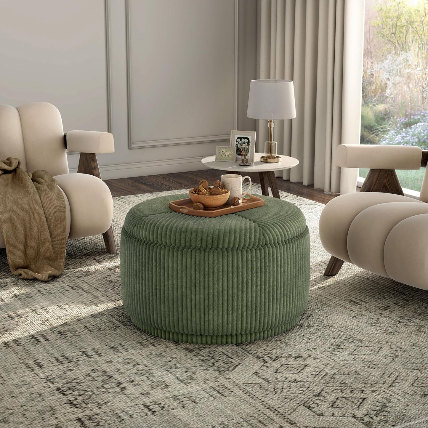 Furniture of America Lennox Modern Chenille 29-inch Round Storage Ottoman with Flip Top, Upholstered Footstool, Circle Coffee Table for Living Room, Bedroom, Entryway, Green
