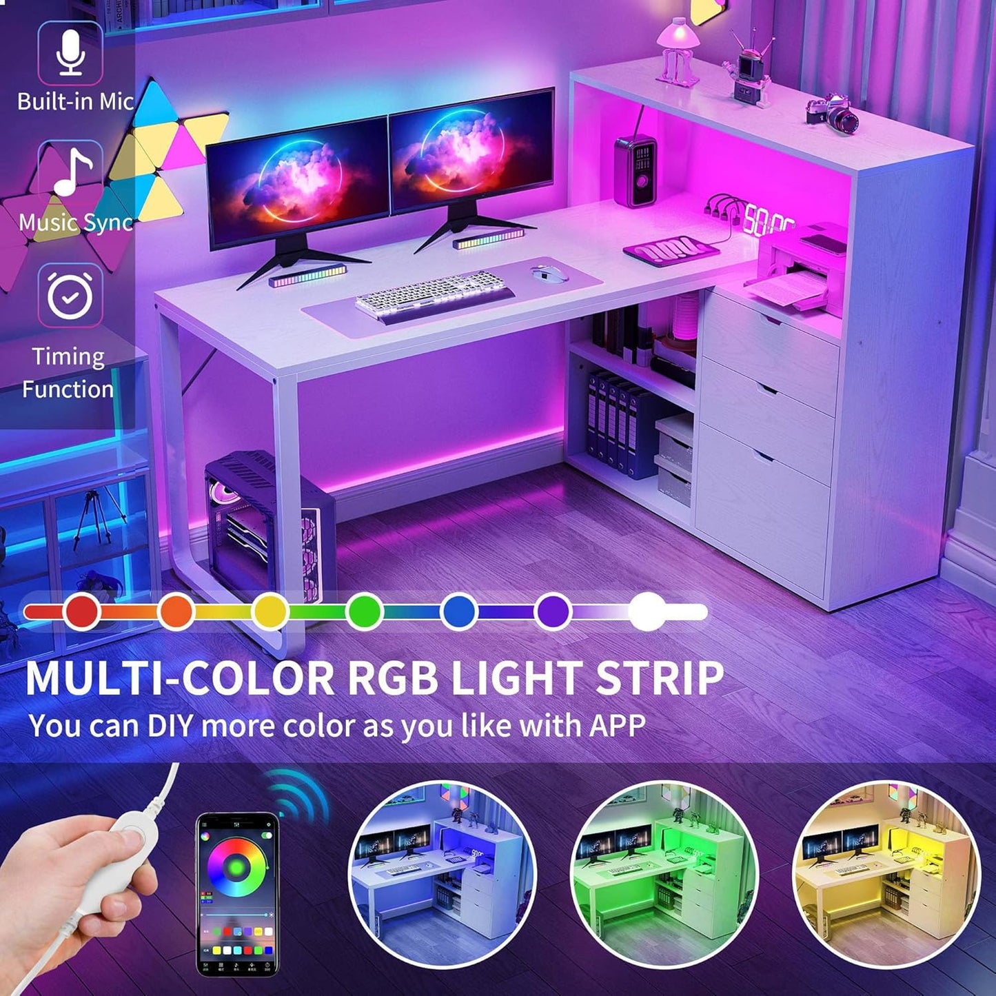 DWVO L Shaped Desk with Drawers, 55" Corner Computer Desk with Bookshelf & Power Outlets & LED Lights, Home Office Desk with Storage Shelves, White