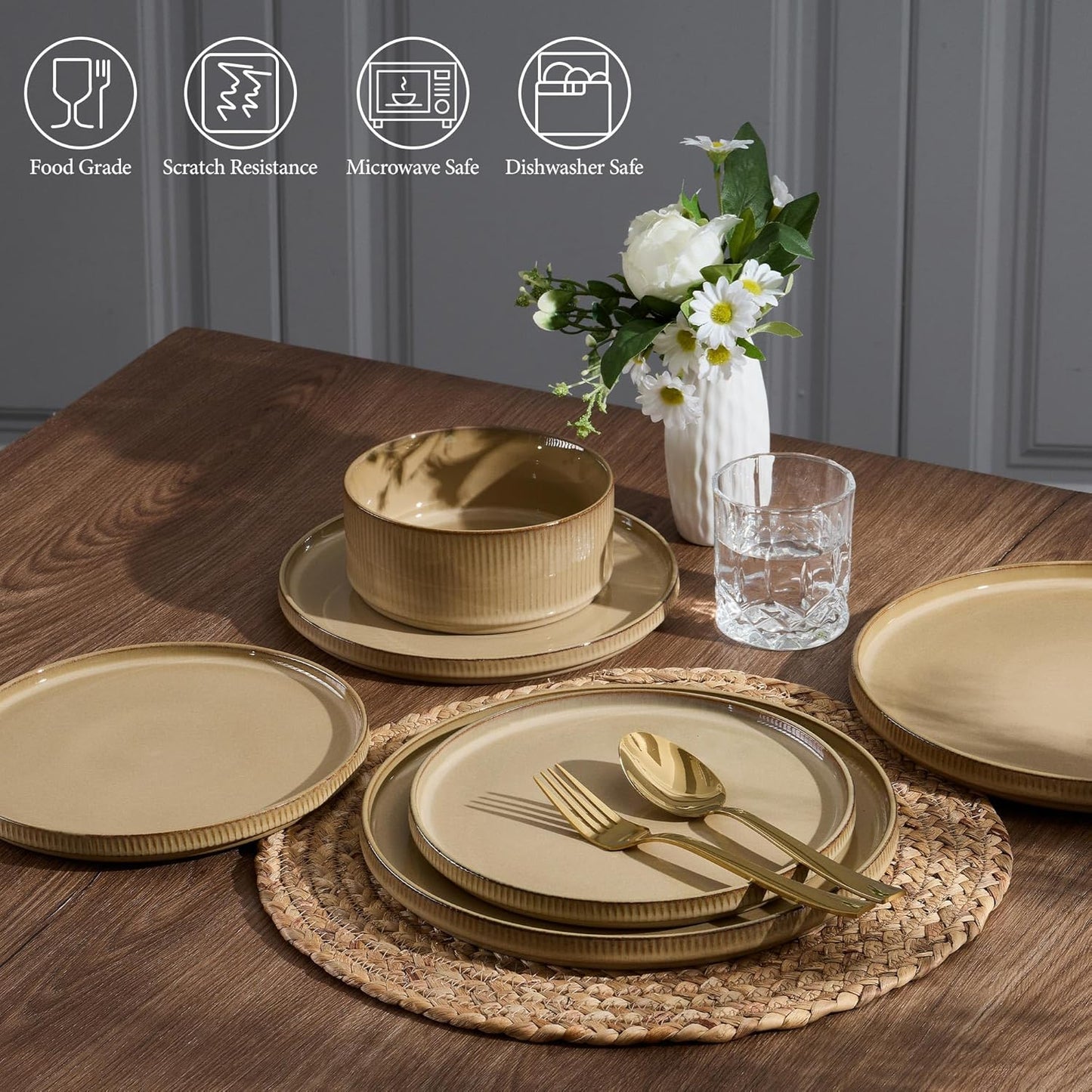 E-far 12-Piece Plates and Bowls Sets, Stoneware Dinnerware Dishes Sets for 4, Kitchen Modern Dining Dishware, Chip & Scratch Resistant, Microwave & Dishwasher Safe, Caramel Khaki