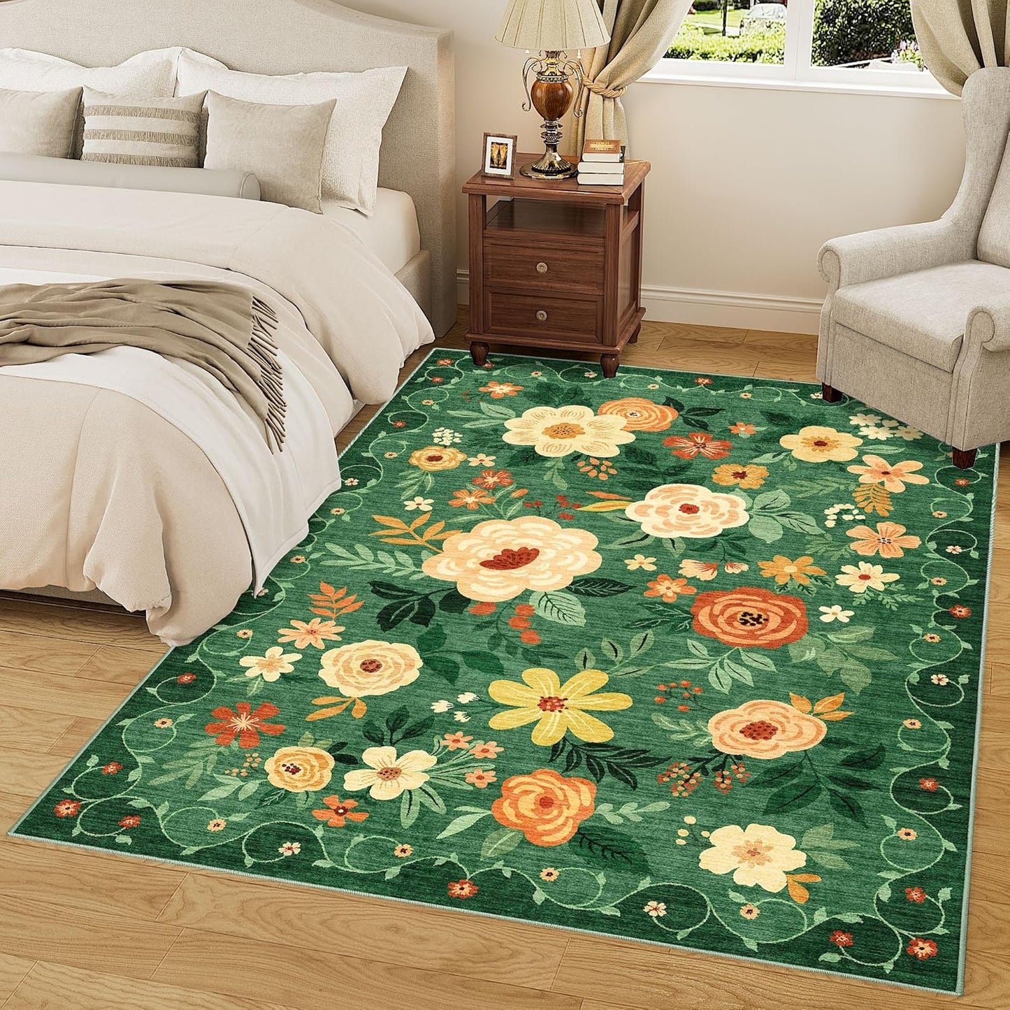 DUKINO 6x9 Area Rug, Floral Rugs for Living Room, Lightweight Non Slip Washable Rug, Indoor Low Pile & Non-Shedding Boho Design Rugs for Bedroom, Living Room, Dining Room, Dark Green