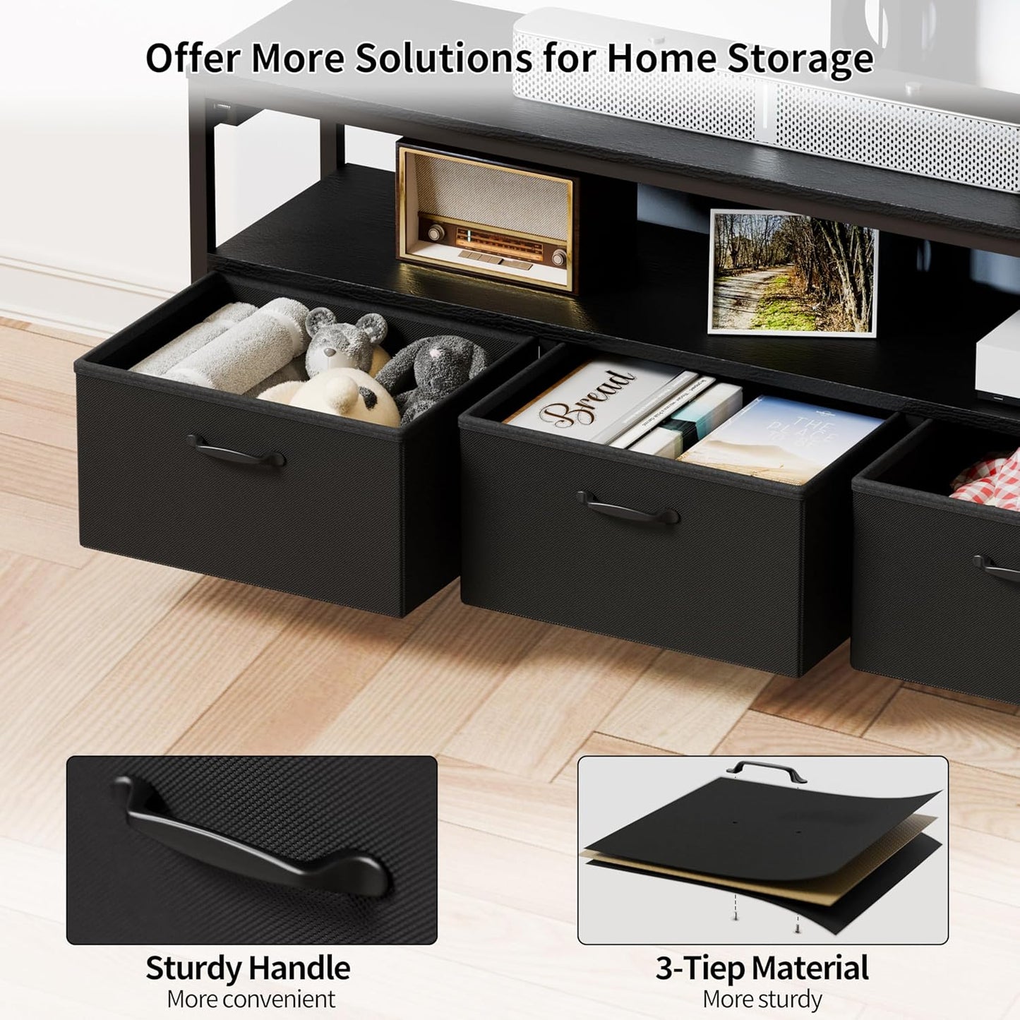 JUSTOGO TV Stand with Mount and Power Outlet, TV Stand Mount with Storage for Living Room, Entertainment Center with LED Lights for 45/55/60/65 inch, Height Adjustable Media Console, Black