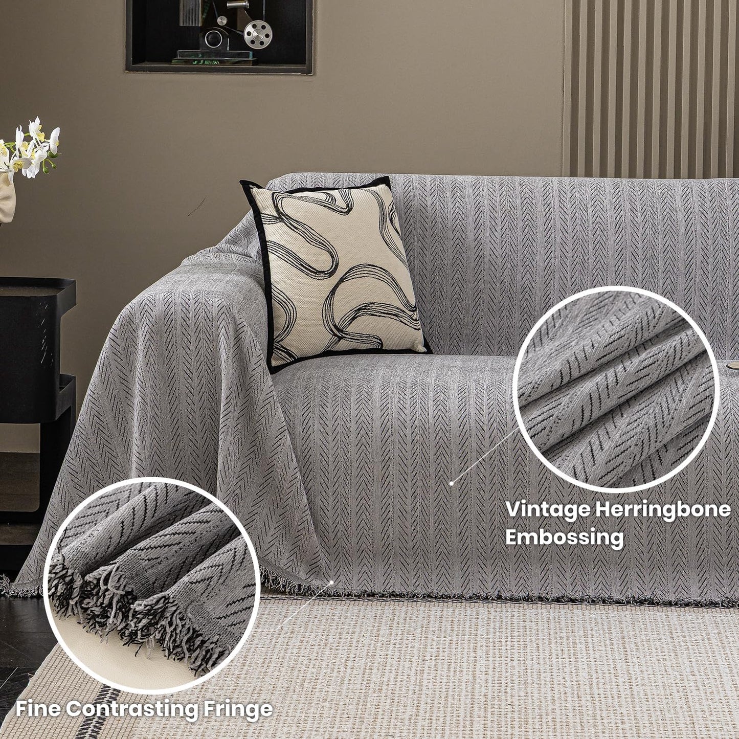 Nobildonna Sofa Cover Washable Soft Thicken Chenille Couch Cover with Tassel,Waterproof Sofa Slipcovers for 2 Cushion Couch,Loveseat,Futon Couch Furniture Protector Pet-Friendly,Gray 71"x102"
