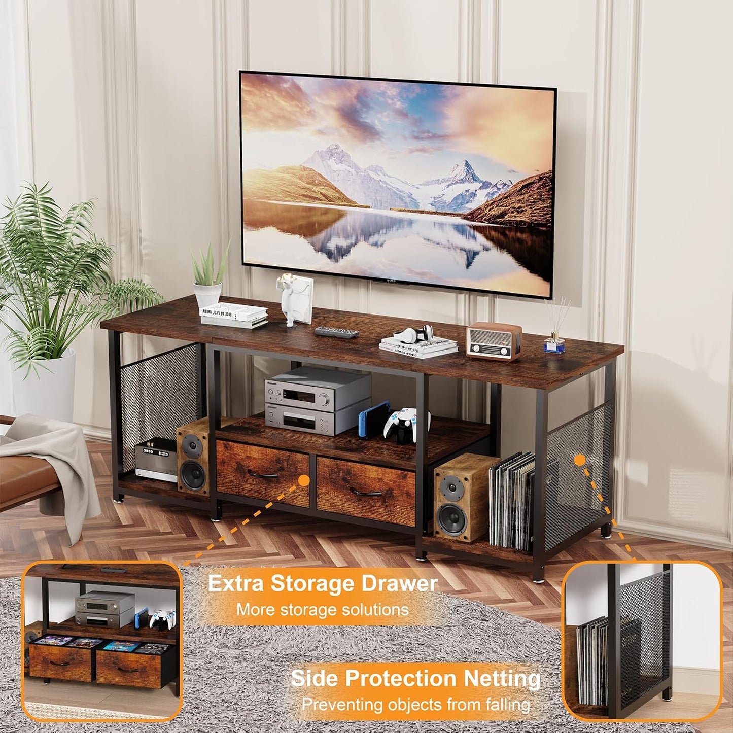 TV Stand with Drawers and Open Storage Shelves for 75 70 65 Inch TV, Entertainment Center with Open Storage Shelves, Industrial Media TV Console Table for Living Room Bedroom Office, Rustic Brown