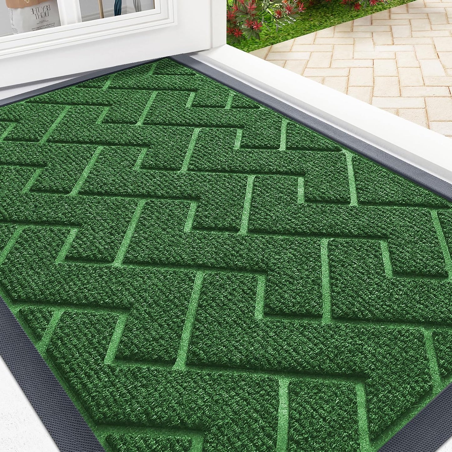 OLANLY Front Door Mat Indoor Outdoor Entrance, Waterproof All-Season, All-Weather Doormat, Sturdy Natural Rubber, Low Profile, Easy Clean Patio Porch Entryway Mat, Herringbone Brick (Green, 47x17)