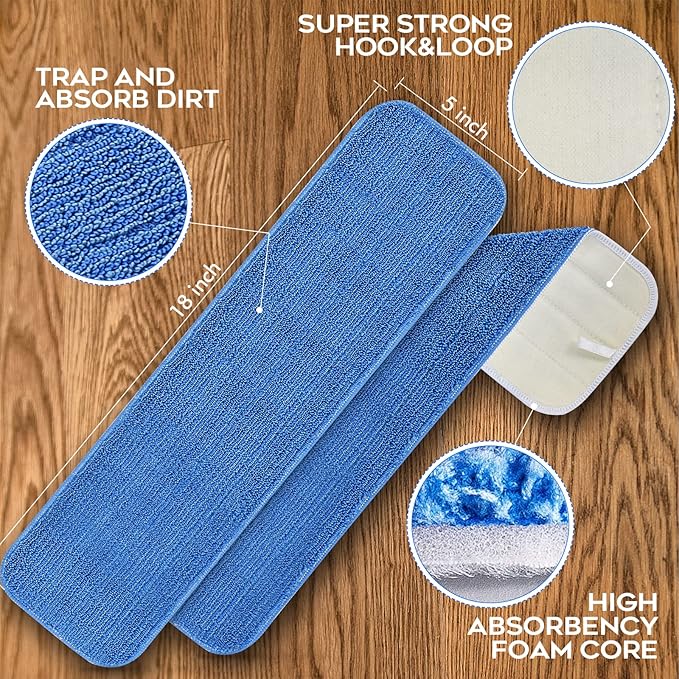 Matthew 18'' Microfiber Spray Mop Replacement Pads Heads for Wet Dry Reusable Mops Floor Home Commercial Cleaning Refills, Machine Washable Fits Compatible with Bona Mop&Most Spray Mops Blue (6 Pack)