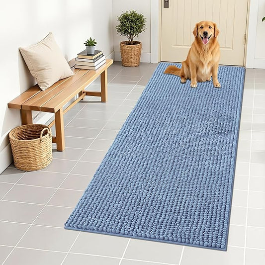 OLANLY Dog Door Mat for Muddy Paws 59x24, Ultra Absorbent Chenille Mud Doormat, Non-Slip Washable and Dirt Trapping Doormat for Indoor Entryway, Quick-Dry Indoor Pet Bed Mats for Dogs, Airy Blue