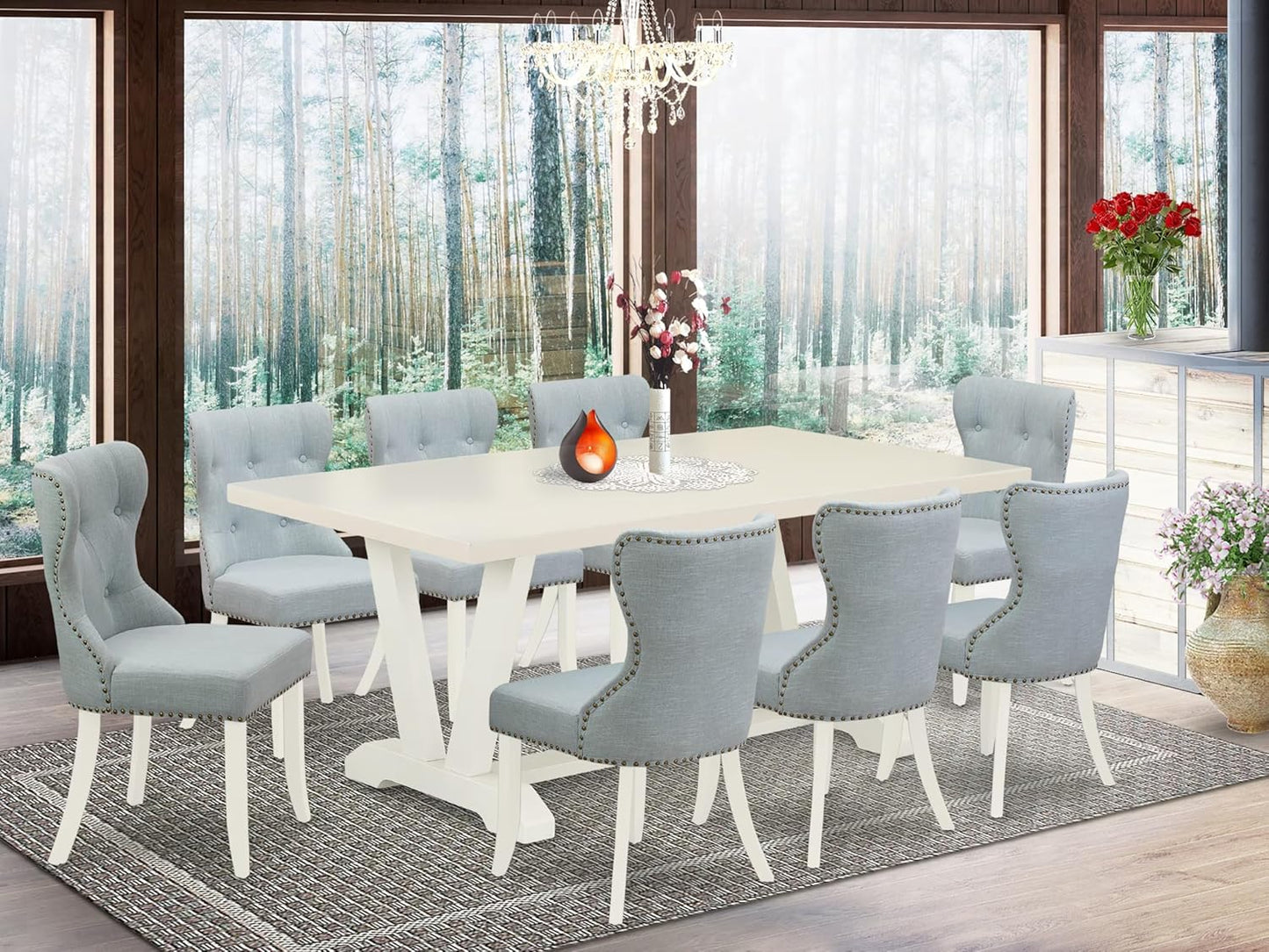 East West Furniture V027SI215-9 9 Piece Kitchen Table Set Includes a Rectangle Dining Table with V-Legs and 8 Baby Blue Linen Fabric Parson Dining Room Chairs, 40x72 Inch, Multi-Color