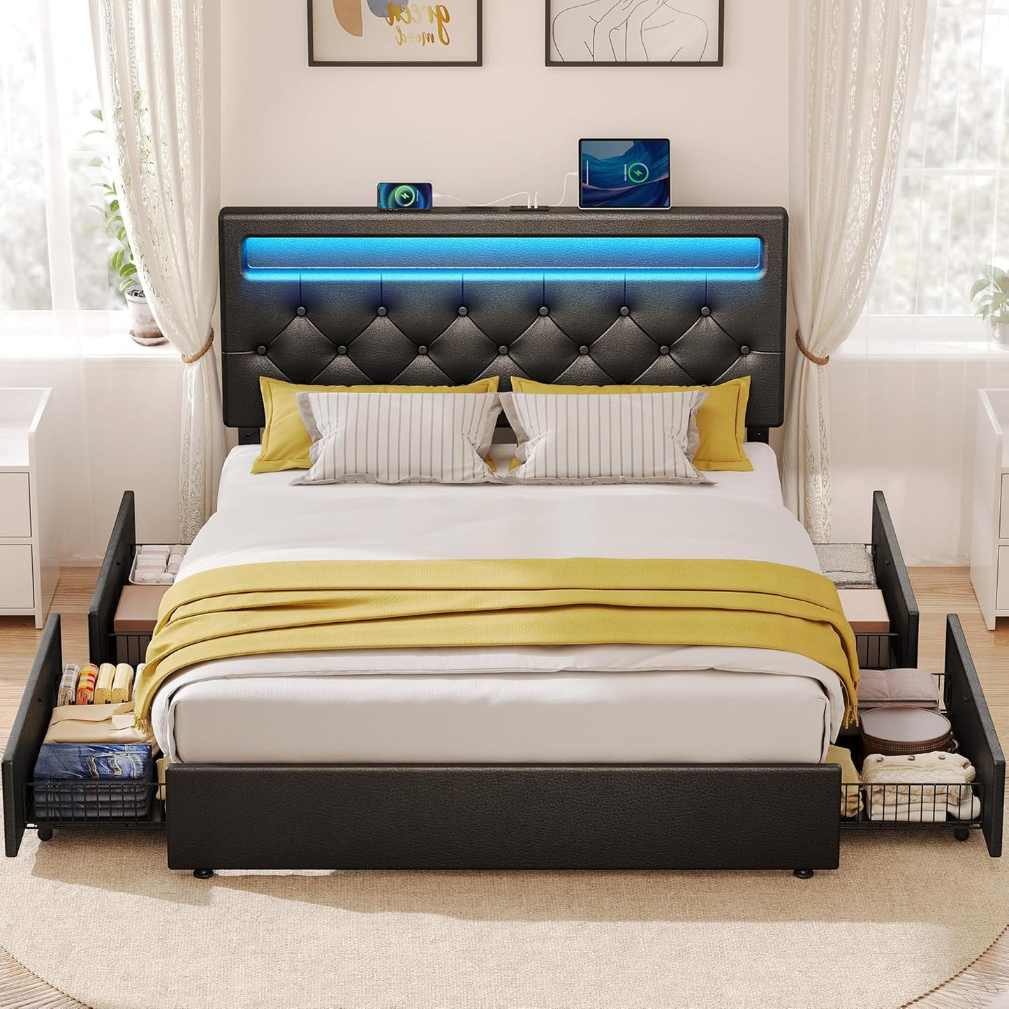 Rolanstar Full Size Bed Frame with 4 Storage Drawers and Charging Station, Full Bed with Led Lights, 2 USB & 1 Type C, Adjustable Headboard 38.9/40.8 Inches, No Box Spring Needed, Black