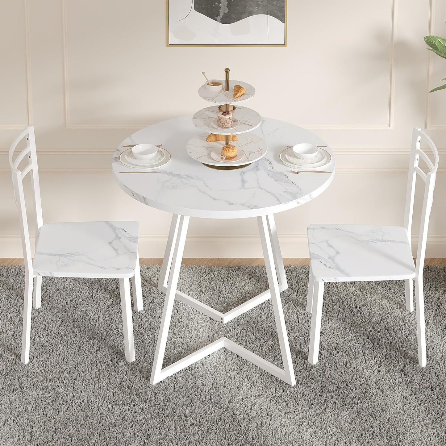 VECELO Small Round Dining Table Set for 2, Wood Tabletop with Strong Metal Frame, Modern Dinette with Chairs for Kitchen, Breakfast Nook Living Room, Faux Marbled & White