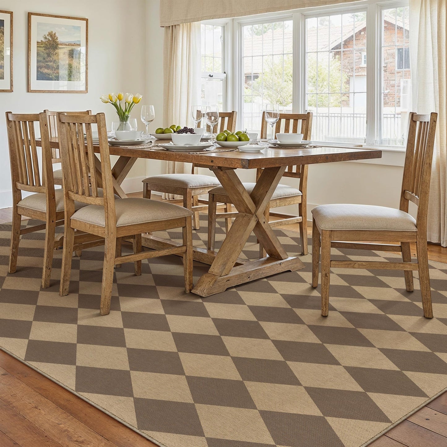PureCozy 8x10 Checkered Easy Jute Area Rug for Living Room Large Checkerboard Washable Indoor Outdoor Carpet Farmhouse Patio Office Mat Geometric Non Slip Brown Carpet for Backyard Dining Room