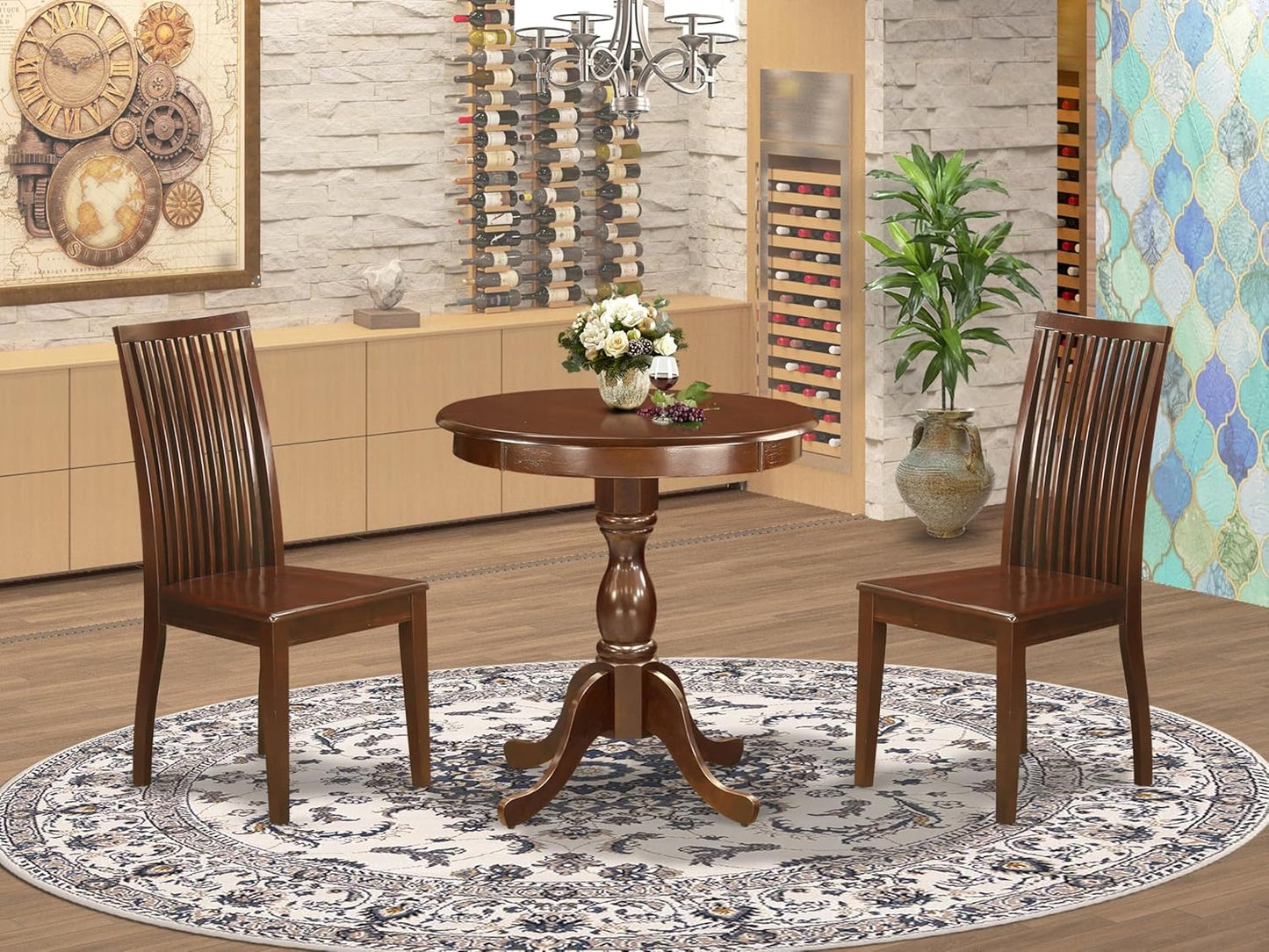 East West Furniture ESIP3-MAH-W 3 Piece Dining Table Set for Small Spaces Contains a Round Dining Room Table with Pedestal and 2 Wood Seat Chairs, 30x30 Inch, Mahogany