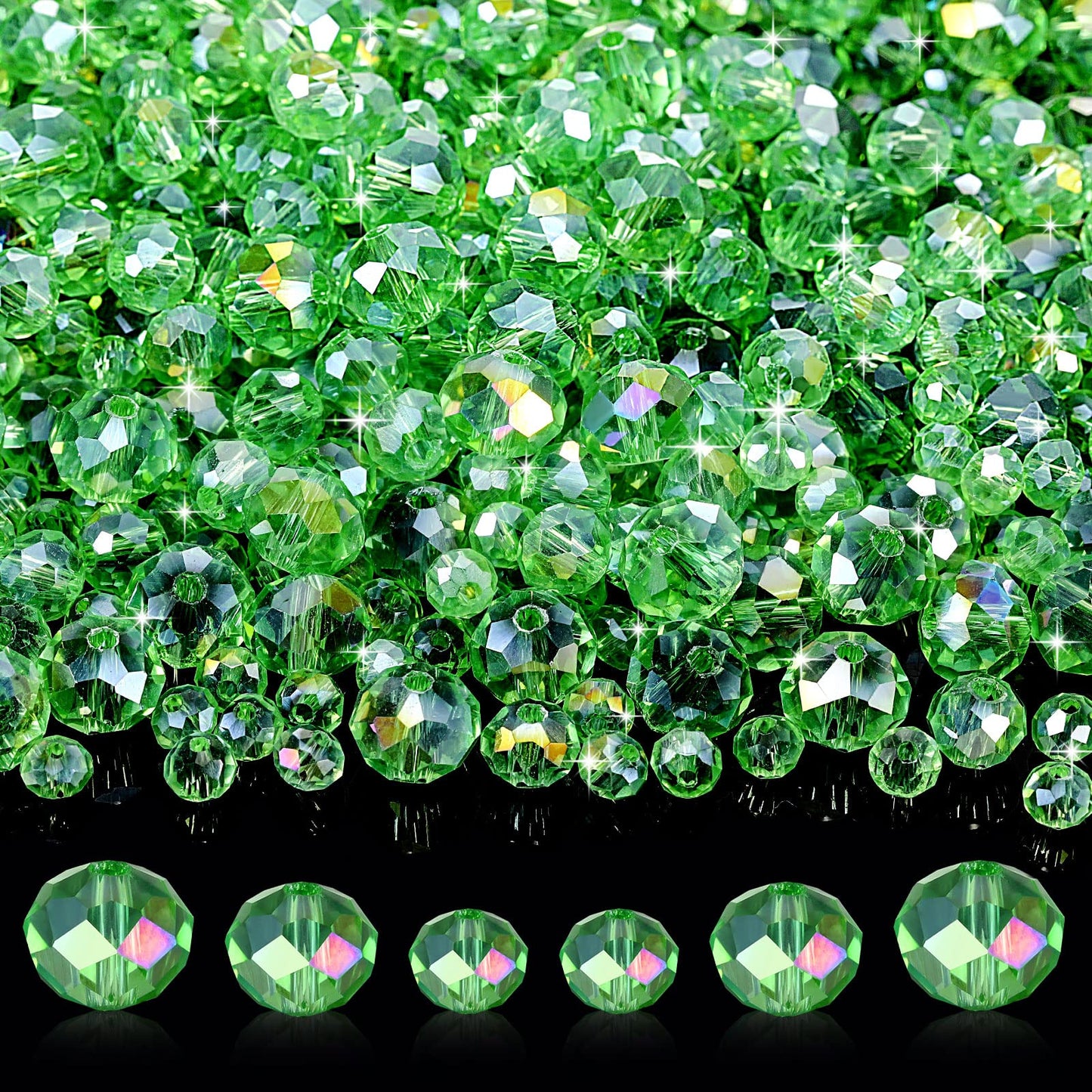 WILLBOND 600 Pcs Crystal Glass Beads for Jewelry Making Bulk Suncatcher Faceted Rondelle Loose Gemstone for Valentine's Day, Irish Holiday, Easter Bracelet DIY Crafts 8mm, 6mm, 4mm(Green)