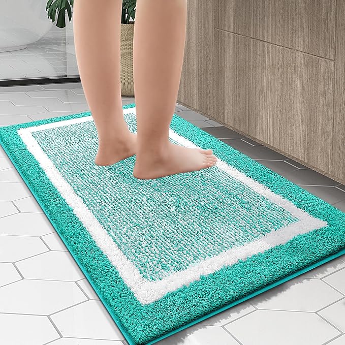 OLANLY Bathroom Rugs 24x16, Extra Soft and Absorbent Microfiber Bath Mat, Non-Slip, Machine Washable, Quick Dry Shaggy Bath Carpet, Suitable for Bathroom Floor, Tub, Shower (Small, Green)
