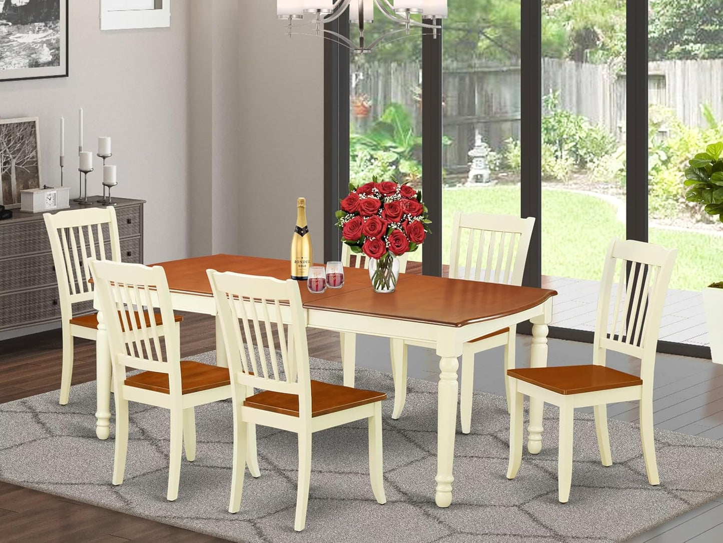 East West Furniture DODA7-BMK-W 7 Piece Dining Table Set Consist of a Rectangle Dinner Table with Butterfly Leaf and 6 Dining Room Chairs, 42x78 Inch, Buttermilk & Cherry