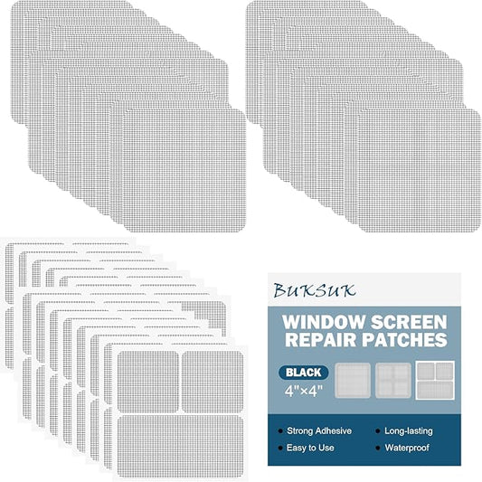 48 Sheets Window Screen Patches Repair Kit, 4 Sizes Window Screen Repair Tape, Strong Adhesive, Fiberglass Quick-Access (Black)