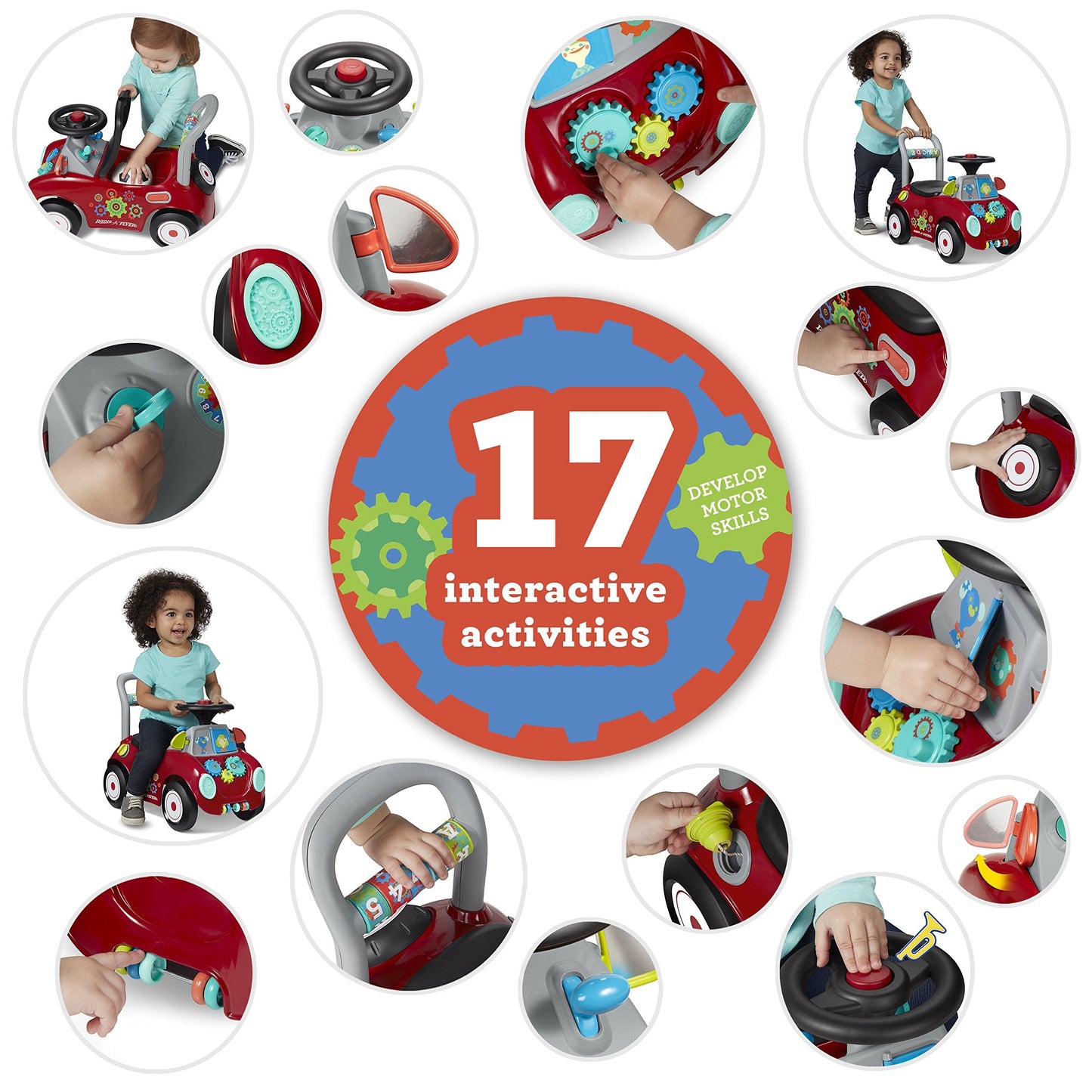Radio Flyer Busy Buggy, for Toddlers 1-3, 3-in-1 Push Walker Ride On Car with 17 Sensory Activities, Anti-Tip Feature, Under-Seat Storage, Horn and Gears, 42 lb Capacity, Toddler Ride On Toys