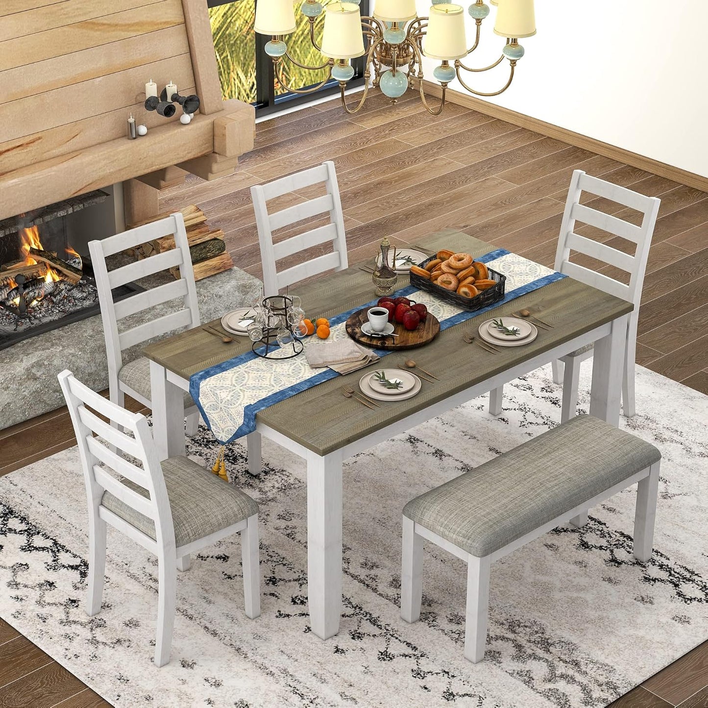 Ball & Cast 6 Piece Dining Table Set with 4 Upholstered Chairs & 1 Bench,Wooden Living Room Furniture W/ 60" Rectangle Kitchen Desk,for Restaurant,Home Bistro,Brown+White Wash