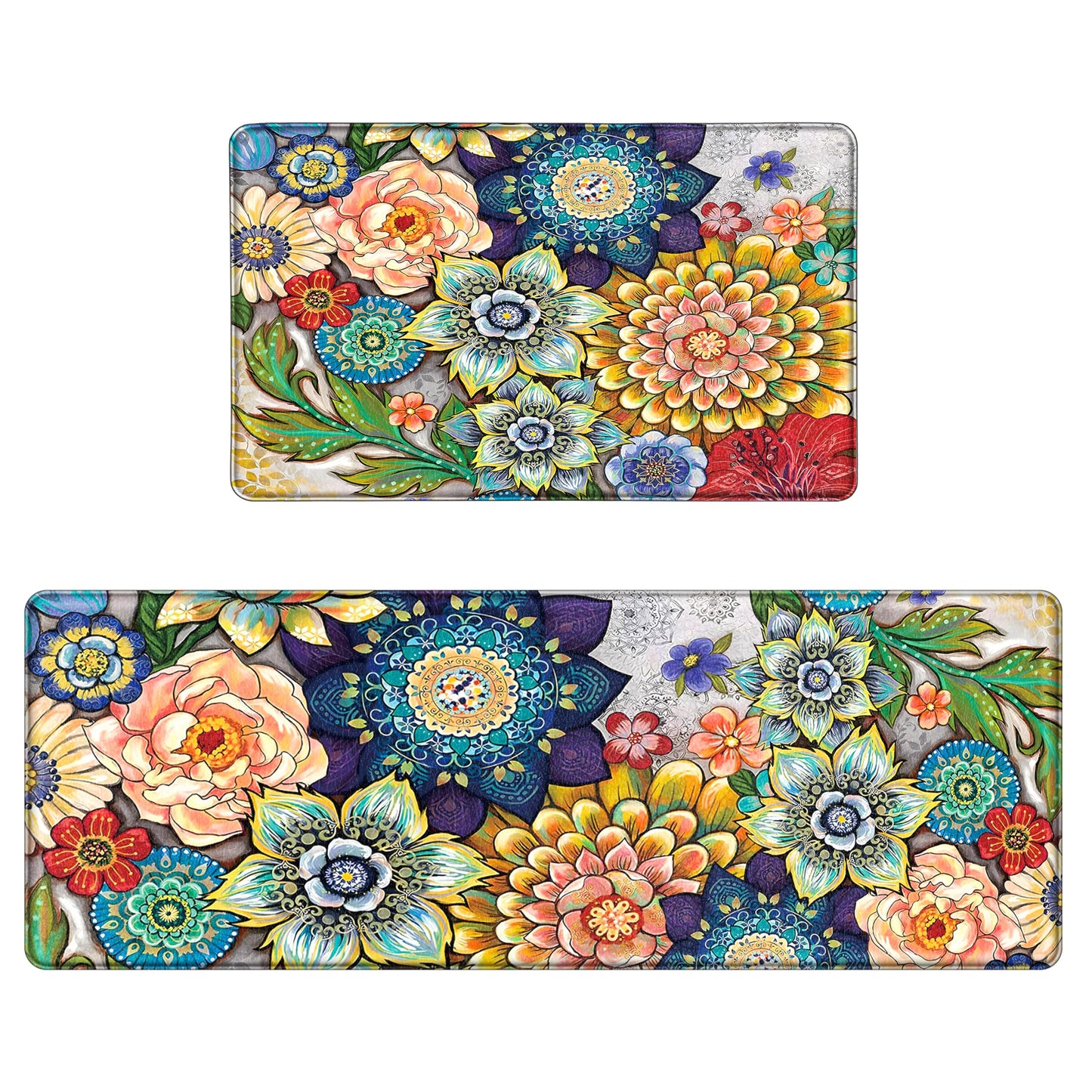 Tubeamin Boho Floral Kitchen Rugs Mats for Floor 2 Piece Memory Foam Padded Kitchen Mats Anti Fatigue Non Slip Cushioned Comfort Standing Mat, 17.3x28+17.3x47 Inch