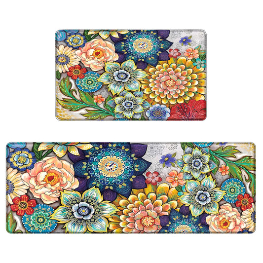 Tubeamin Boho Floral Kitchen Rugs Mats for Floor 2 Piece Memory Foam Padded Kitchen Mats Anti Fatigue Non Slip Cushioned Comfort Standing Mat, 17.3x28+17.3x47 Inch