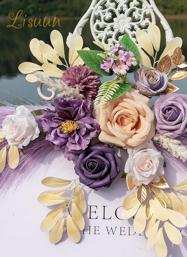 Wedding Arch Flowers, Artificial Floral Decor for Wedding Ceremony & Reception, Standard Size Large Flower Swag Set for Backdrop & Welcome Sign, Pack of 2 (Purple Pampas)