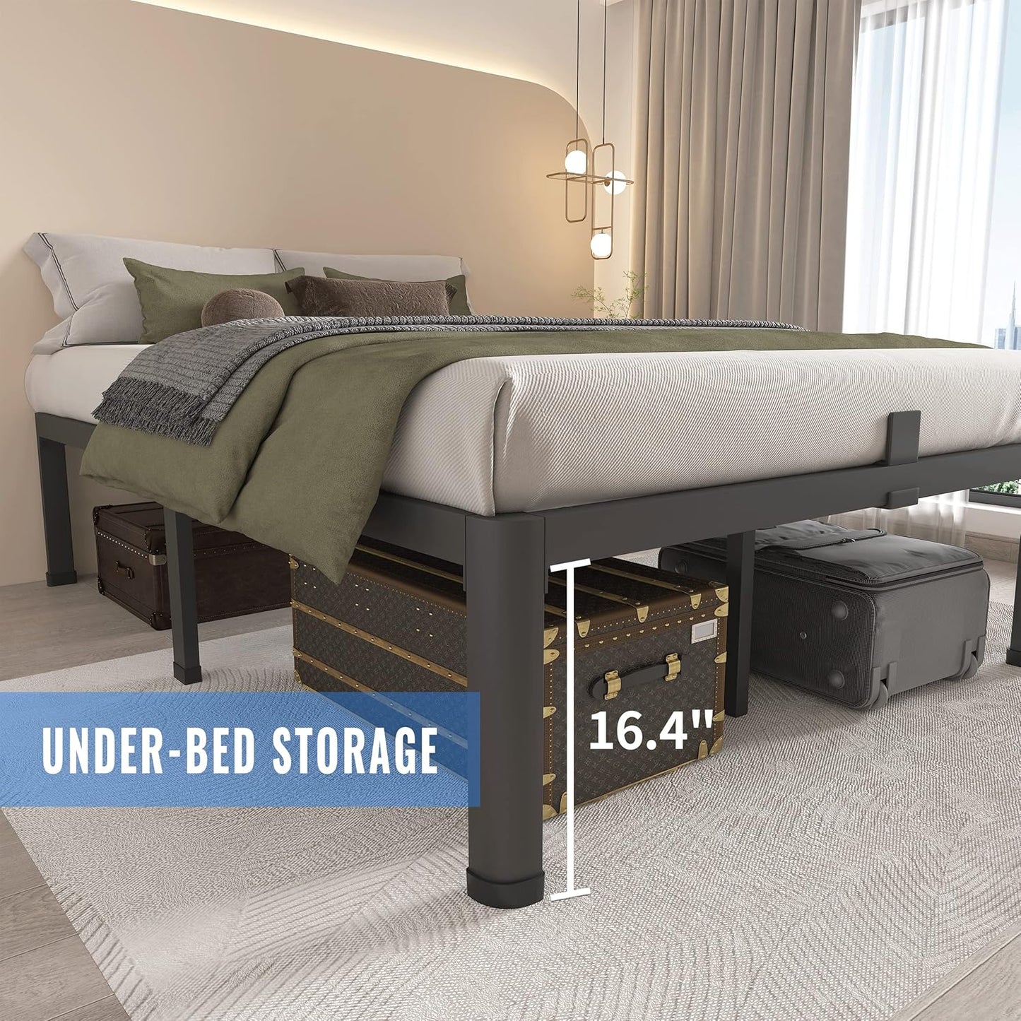MAF 18 Inch California King Bed Frame with Round Corner Legs Mattress Slide Stopper No Box Spring Needed Heavy Duty Metal Platform Bed Frames, 3000 LBS Steel Slats Support