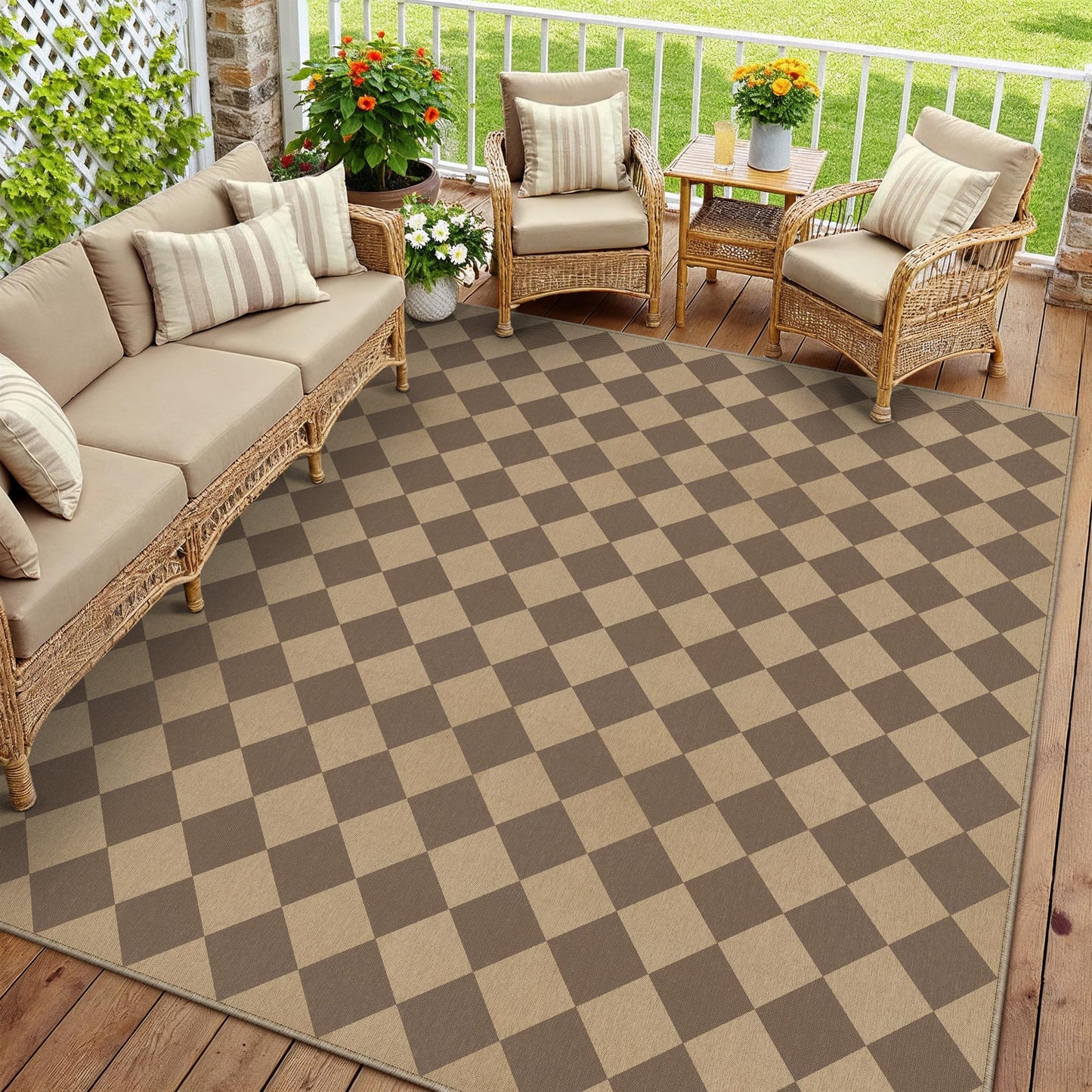 PureCozy 8x10 Checkered Easy Jute Area Rug for Living Room Large Checkerboard Washable Indoor Outdoor Carpet Farmhouse Patio Office Mat Geometric Non Slip Brown Carpet for Backyard Dining Room