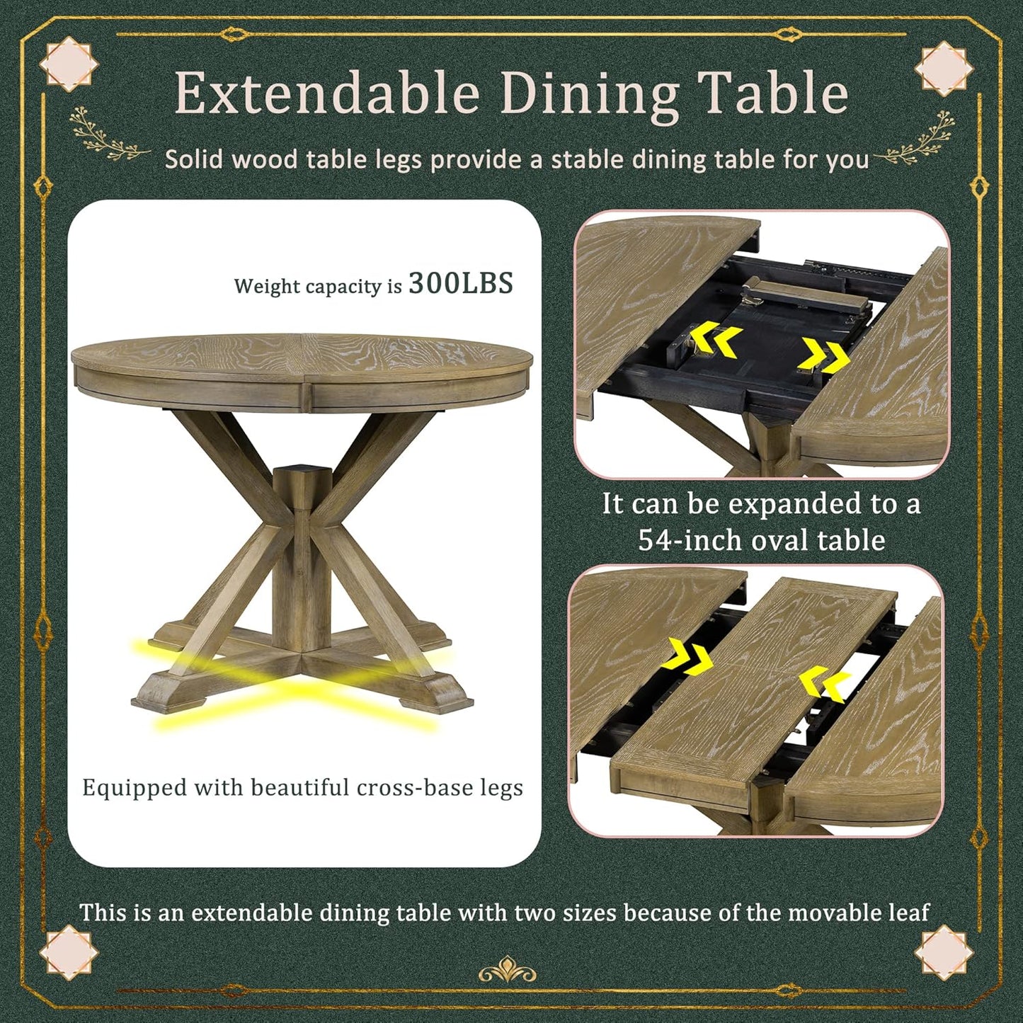 SogesPower 5-Piece Round Farmhouse Retro Dining Table Set for 4, Space-Saving Kitchen Table Set with Extendable Table and 4 Upholstered Chairs for Dining Room Living Room,Natural Wood