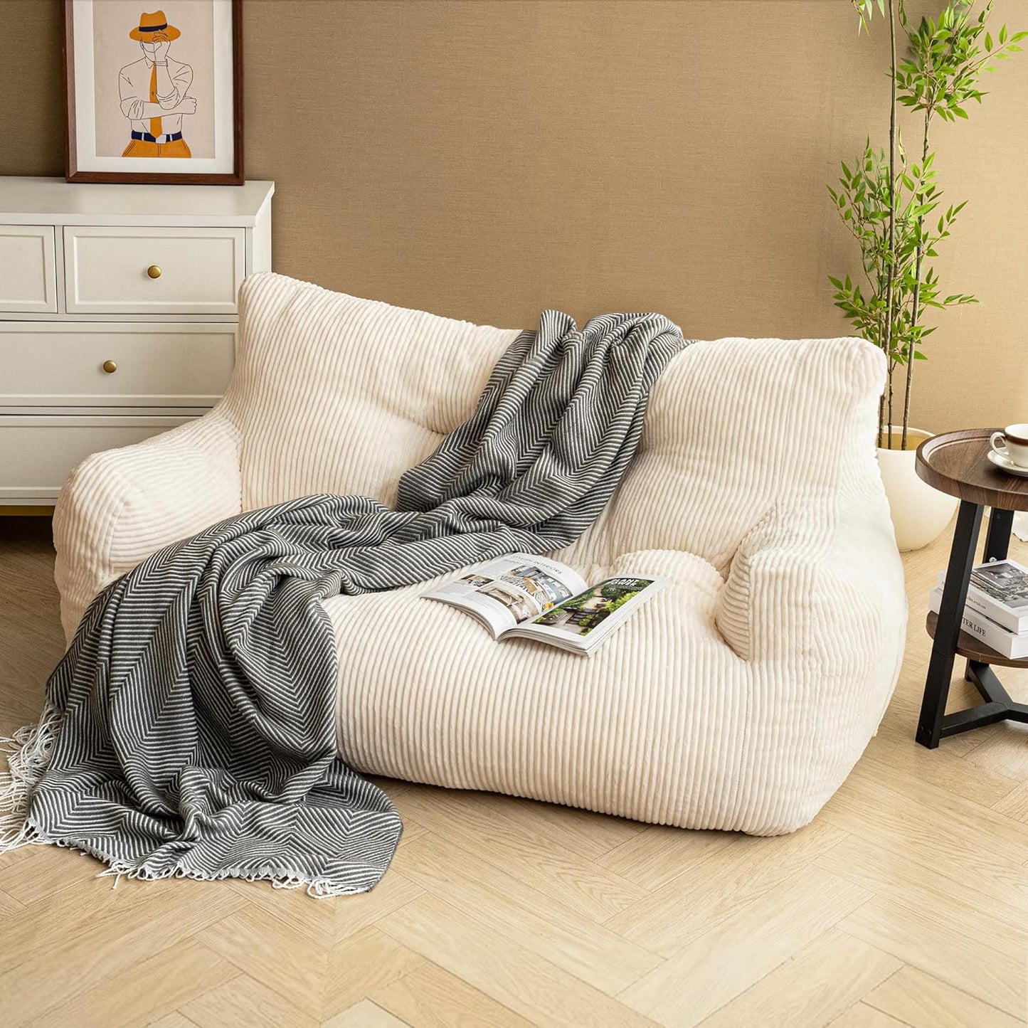 Pamapic Bean Bag Chair,2 Seat Loveseat Sofa,Ultra Soft Dutch Velvet,Fluffy Comfort Washable Cover,Corduroy Lazy Sofa Bed for Adults,Fit Living Room, Bedroom,Outdoor Spaces,White