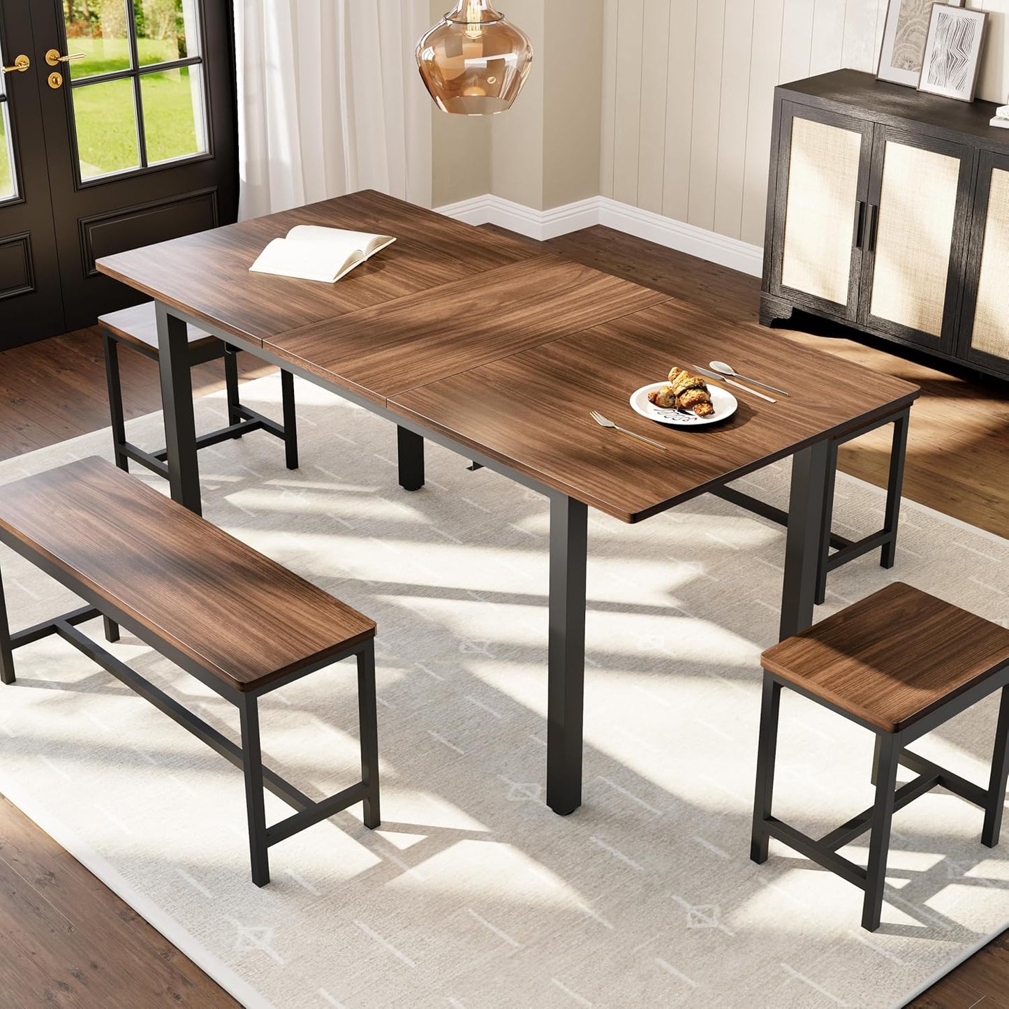 Garvee 5 PCs Extendable Dining Table Set for 4-8 People, 63 Inch Kitchen Table with 2 Benches & 2 Stools, Modern Dining Room Furniture Sets, Easy Assembly