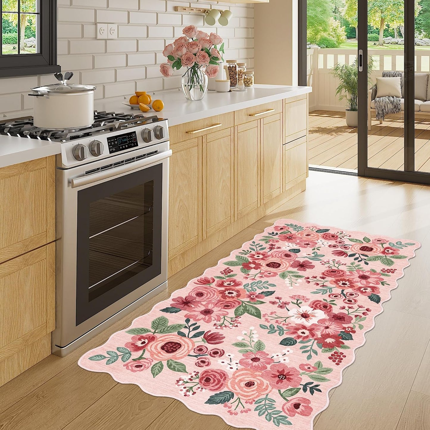 DUKINO 2x4 Washable Runner Rugs, Non Slip Floral Print Entryway Rug with Soft Low Pile, Lightweight Mat for Living Room, Bathroom, Bedroom, Kitchen, Pink