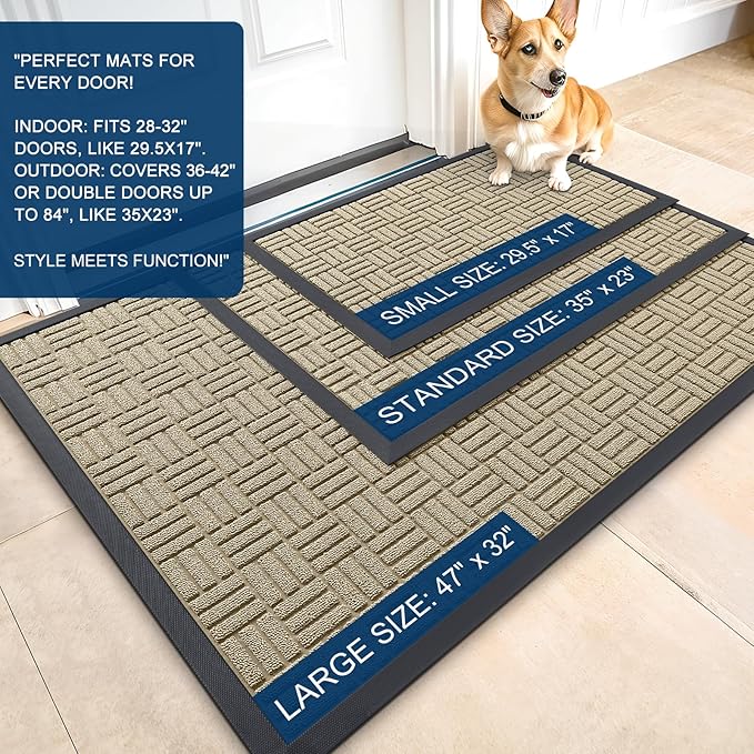 OLANLY Front Door Mat Outside Entrance 47x23, Absorbent, Heavy Duty Sturdy Natural Rubber Doormat Indoor Outdoor, Stain and Fade Resistant, Non-Slip Backing Low Profile Floor Mat for Entryway, Beige
