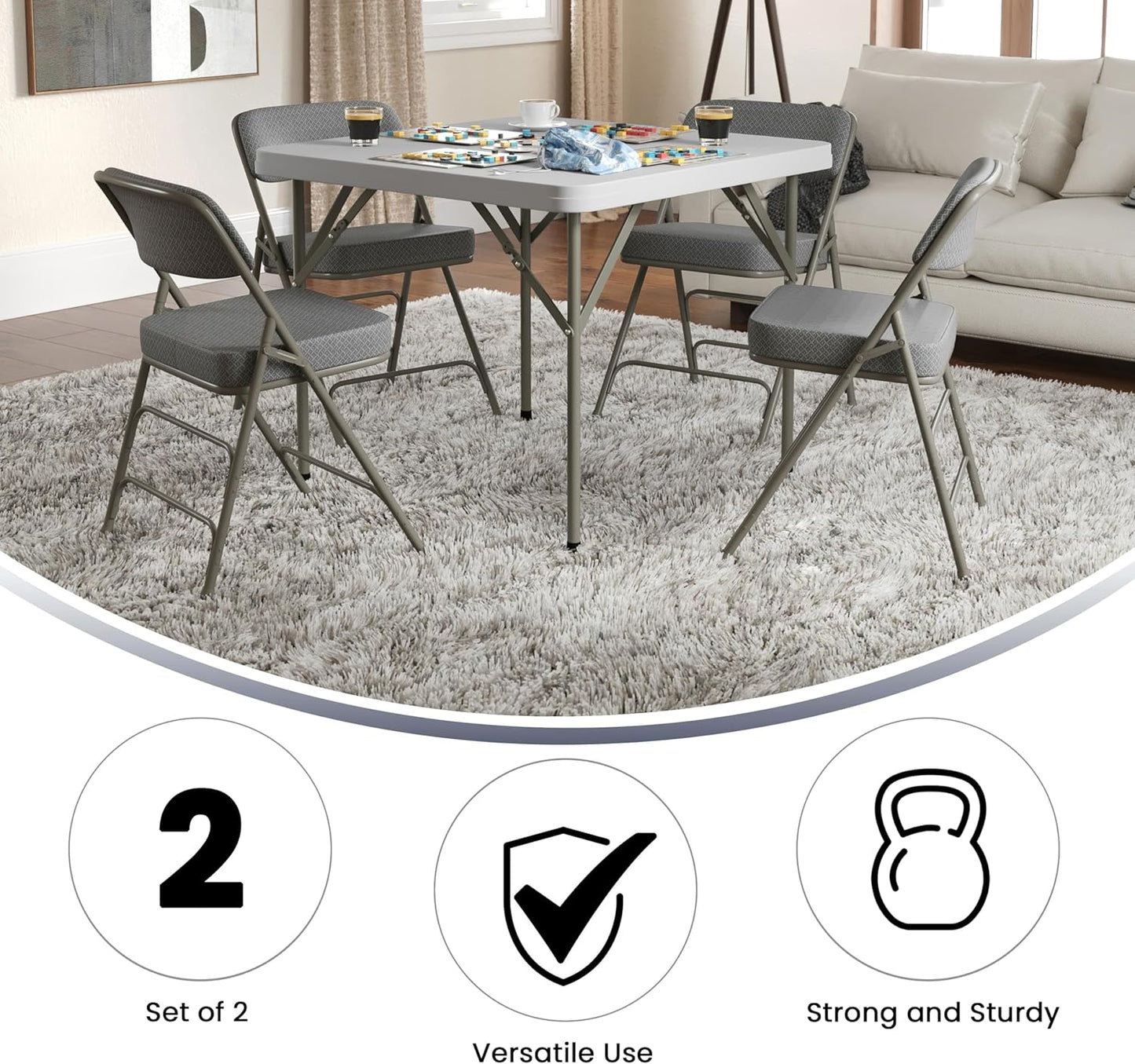 Flash Furniture Hercules Series Metal Folding Chairs with Cushioned Seats, Fabric Upholstered Event Chairs, Set of 2, Gray