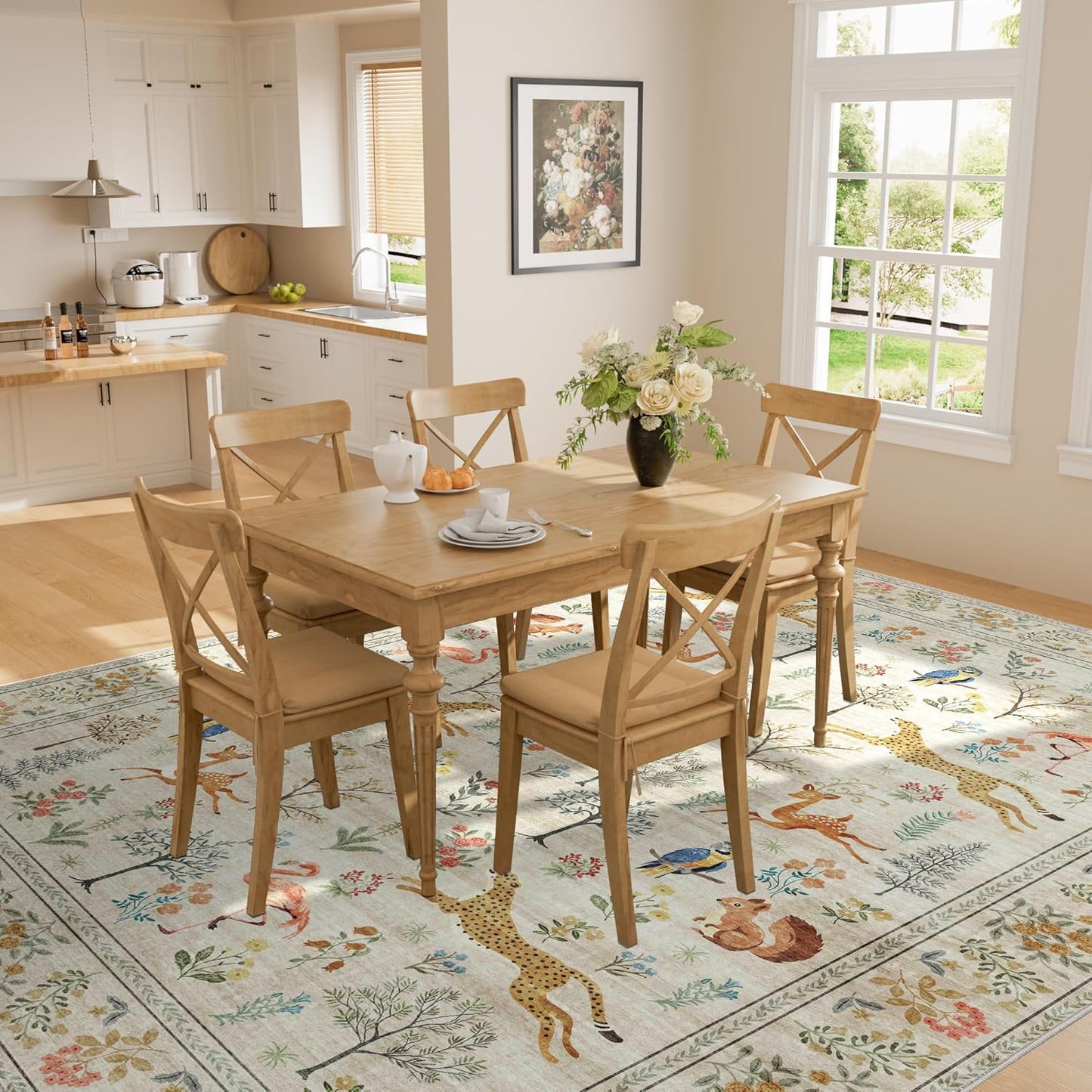 DUKINO 5x7 Rug, Washable Animal Living Room Rug with Non Slip Vintage Design, Soft Low Pile Large Carpet for Bedroom, Nursery, Dining Room, Farmhouse, Playroom, White