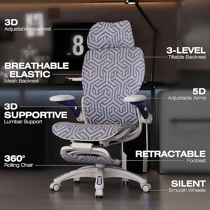 ELABEST X100 Ergonomic Mesh Office Chair with Footrest, Big and Tall Hone Desk Chair with 5D Flip-Up Arms, Adjustable 3D Lumbar Support,Gaming & Executive Computer Chairs for Long Hours
