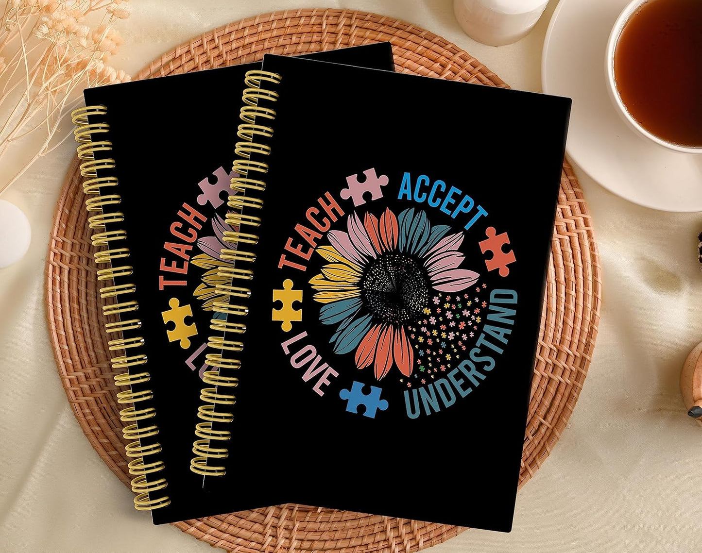 Knibeo Teach Accept Understand Love Autism Awareness Teacher Lined Hardcover Spiral Notebook Journal 5.5×8.3 Inch, College Ruled Notebook for Work Notes Journaling,Autism Teacher Gifts