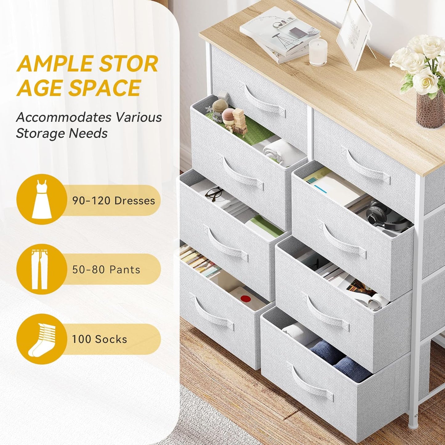 DWVO Fabric Dresser for Bedroom, Tall Dresser with 8 Drawers, Storage Tower with Fabric Bins, Chest of Drawers for Closet & Living Room - Sturdy Steel Frame, Wooden Top
