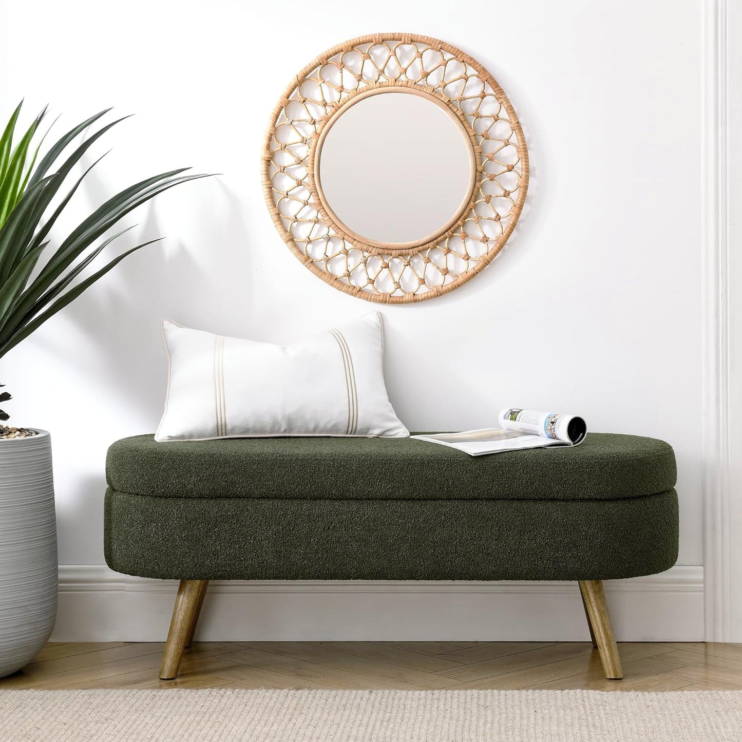 Oval Storage Bench 43.5" Linen Fabric Upholstered Entryway Bench with Solid Wood Legs Ottoman Bench Indoor Bench for Living Room/Bedroom/End of Bed/Entryway (Dark Green)