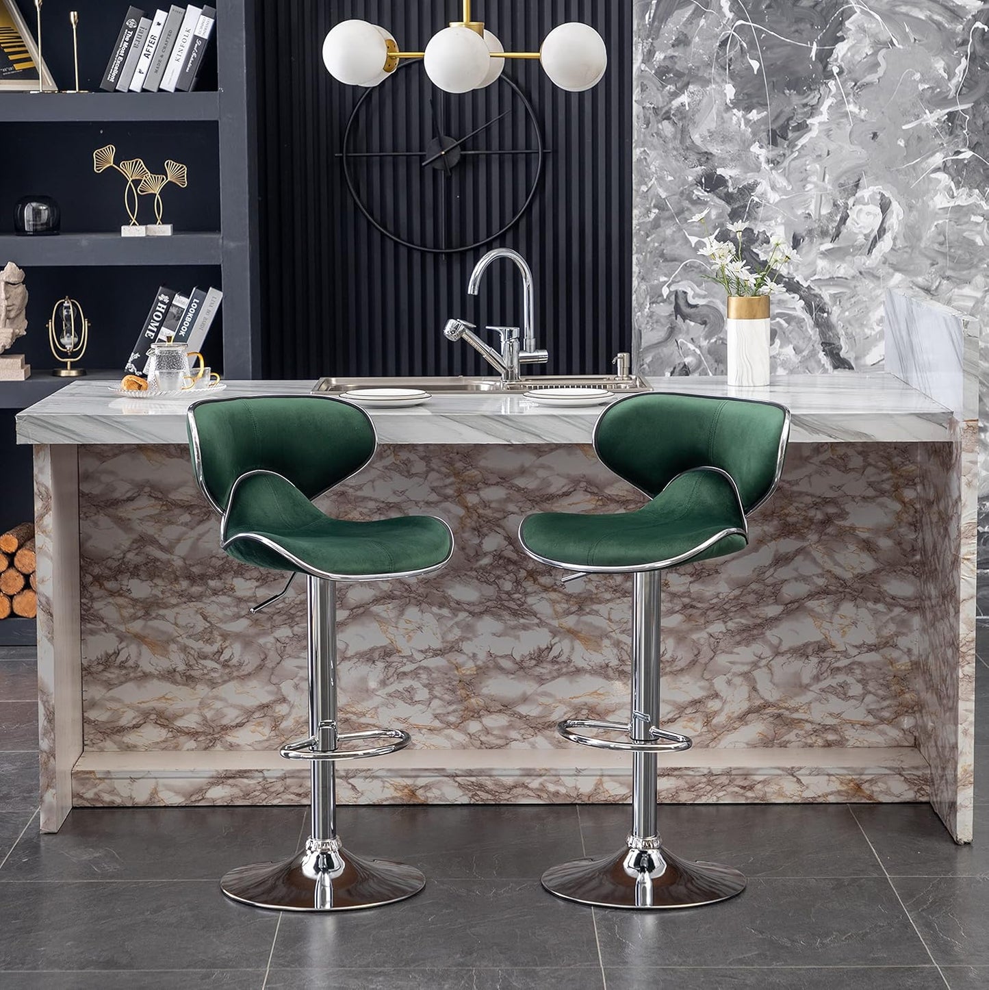 Roundhill Furniture Masaccio Velvet Upholstered Adjustable Swivel Barstool, Set of 2, Green