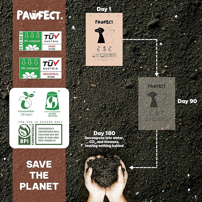 Pawfect Dog Poop Bags Rolls – Home Compostable Doggie Bags, Compostable Dog Waste Bags, BPI Certified Pet Waste Bags, Unscented, Large, Puppy Poo, Earth Friendly, Bolsas de Basura (480 Counts)