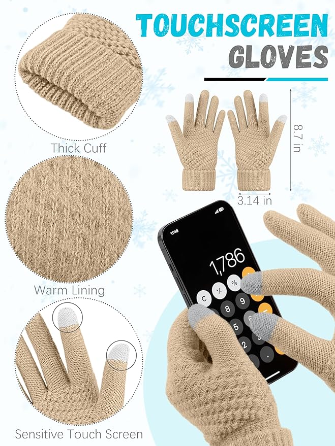 Winter Hat Scarf Gloves and Ear Warmer, Warm Knit Beanie Hat Touch Screen Gloves Set Winter Gifts Neck Scarves for Women