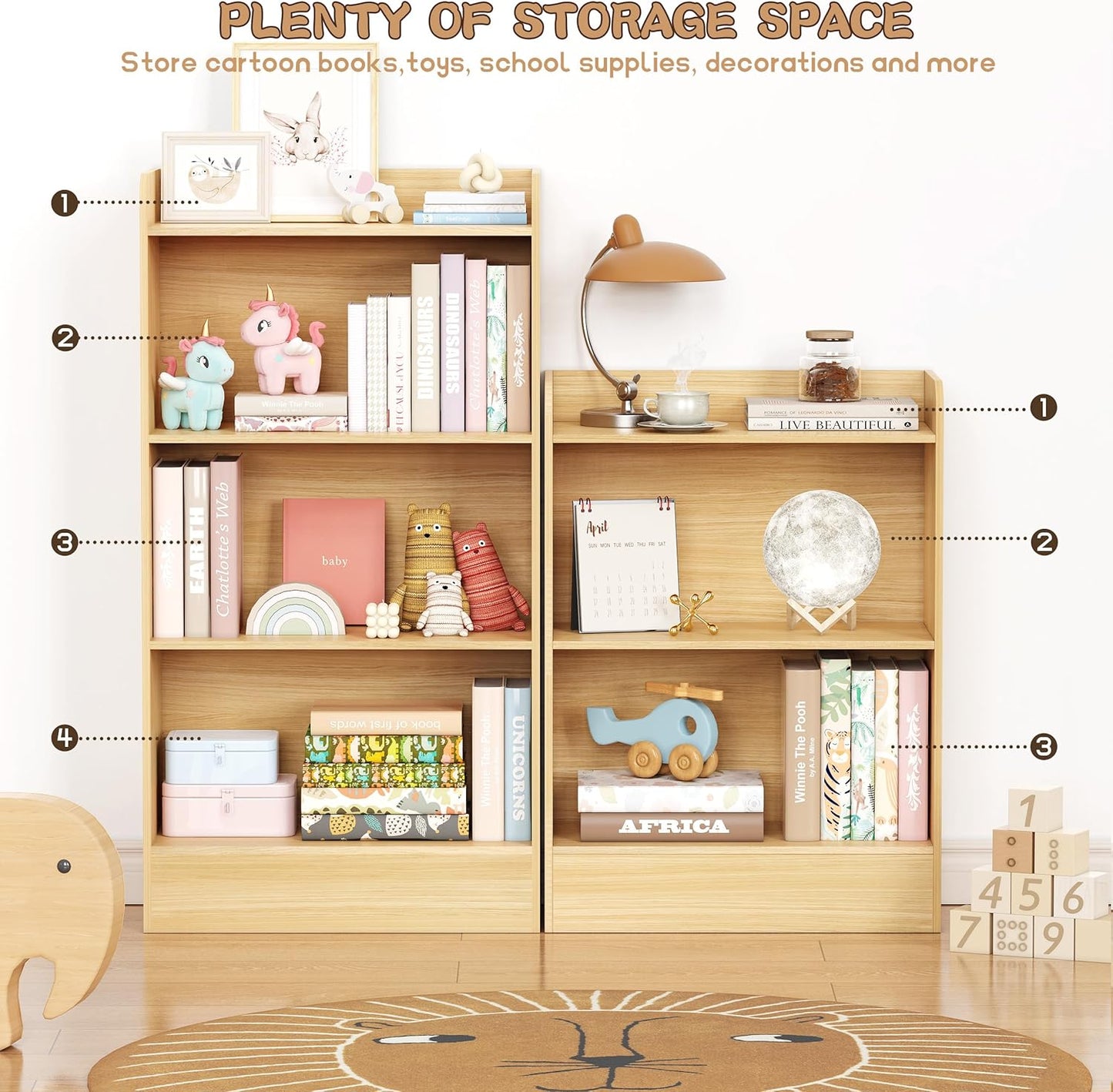 Lkeiyay Kids Bookshelf,Wooden Storage Shelf Organizer,4-Tier Montessori Kids Shelf,Wooden Storage Cabinet Shelves for Kids Room,Playroom(Natural)