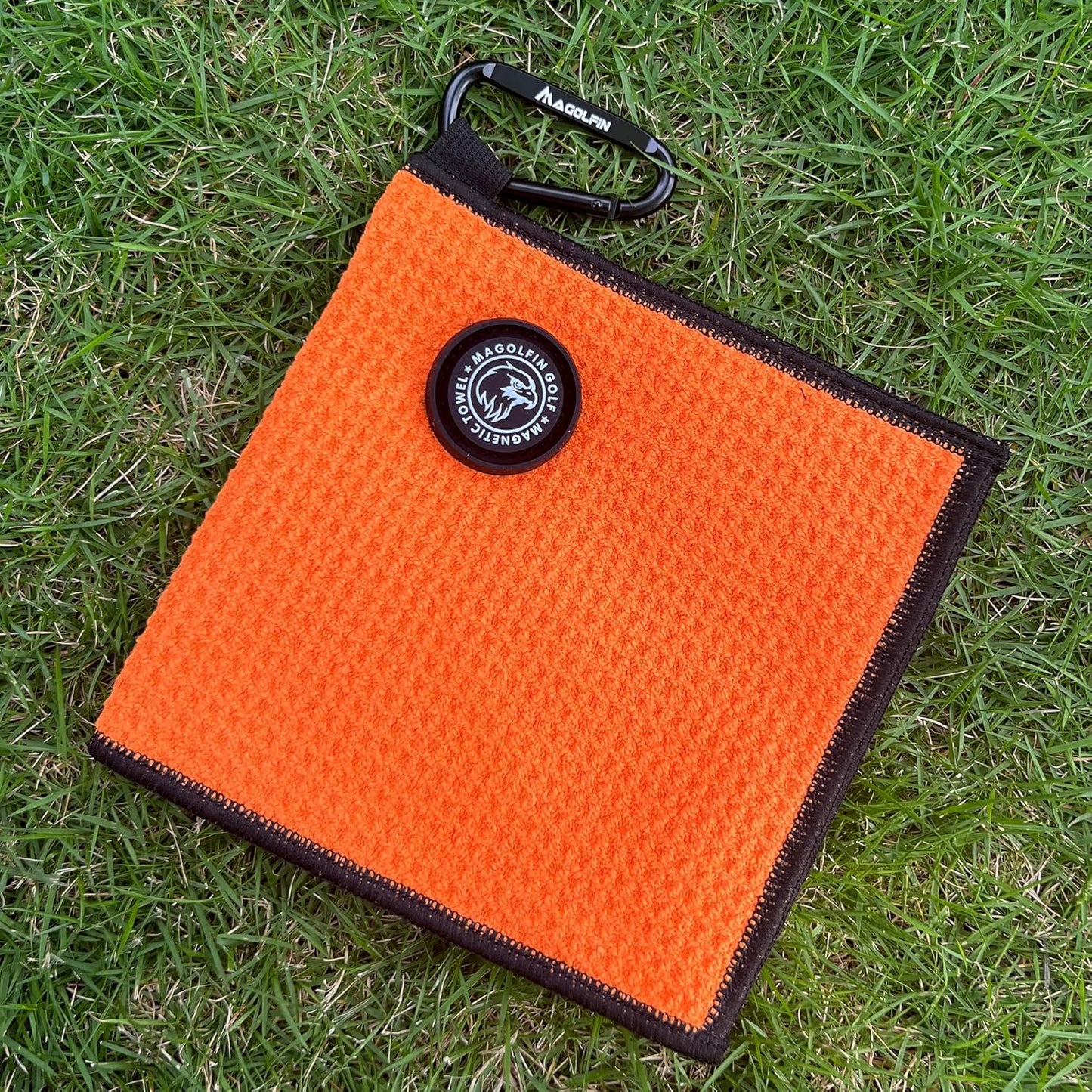Small Magnetic Golf Towel with Clip, Microfiber Waffle Design - Industrial Strength Magnet for Glof Balls, Golf Bags, Carts Clubs - Orange
