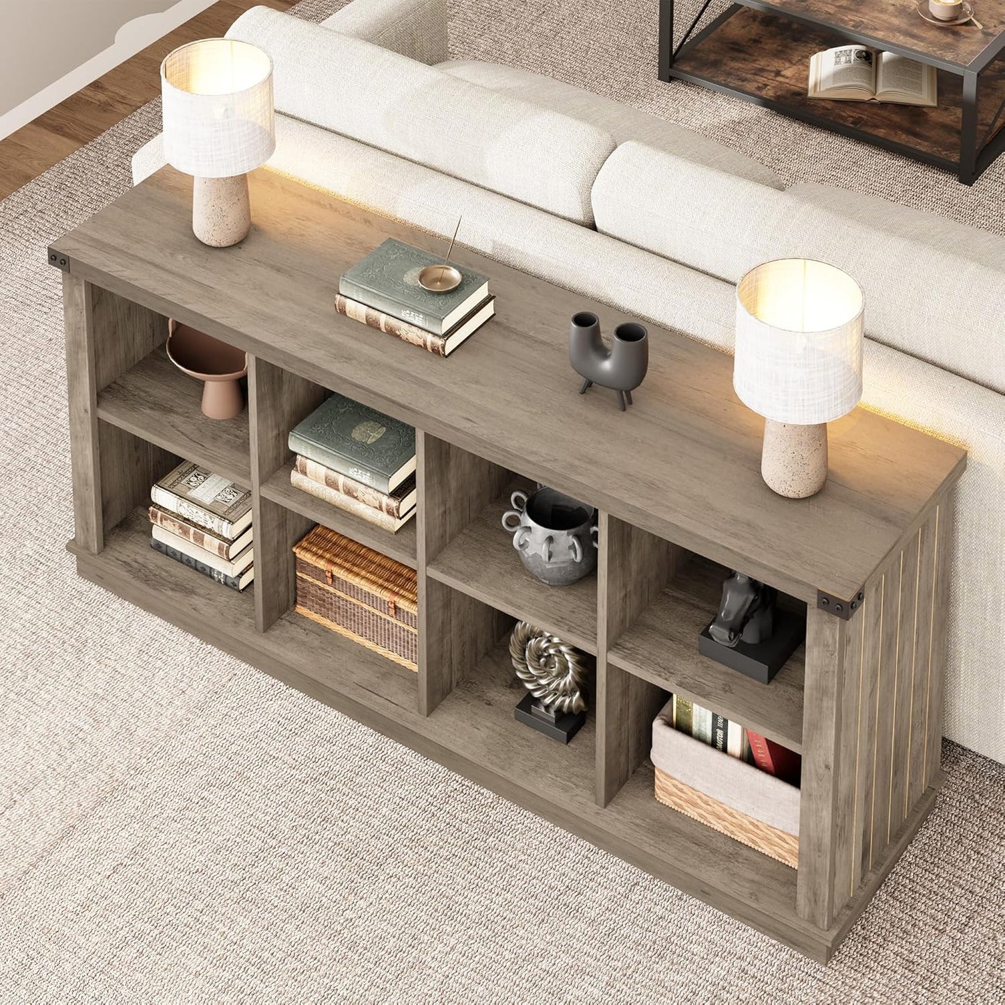 GarveeHome 8 Cube Storage Organizer Bookshelf, Farmhouse Horizontal Bookcase, 62 Inch Wood Storage Bookcase for Entryway, Long Low Bookshelves for Living Room (Grey, 8 Cube)