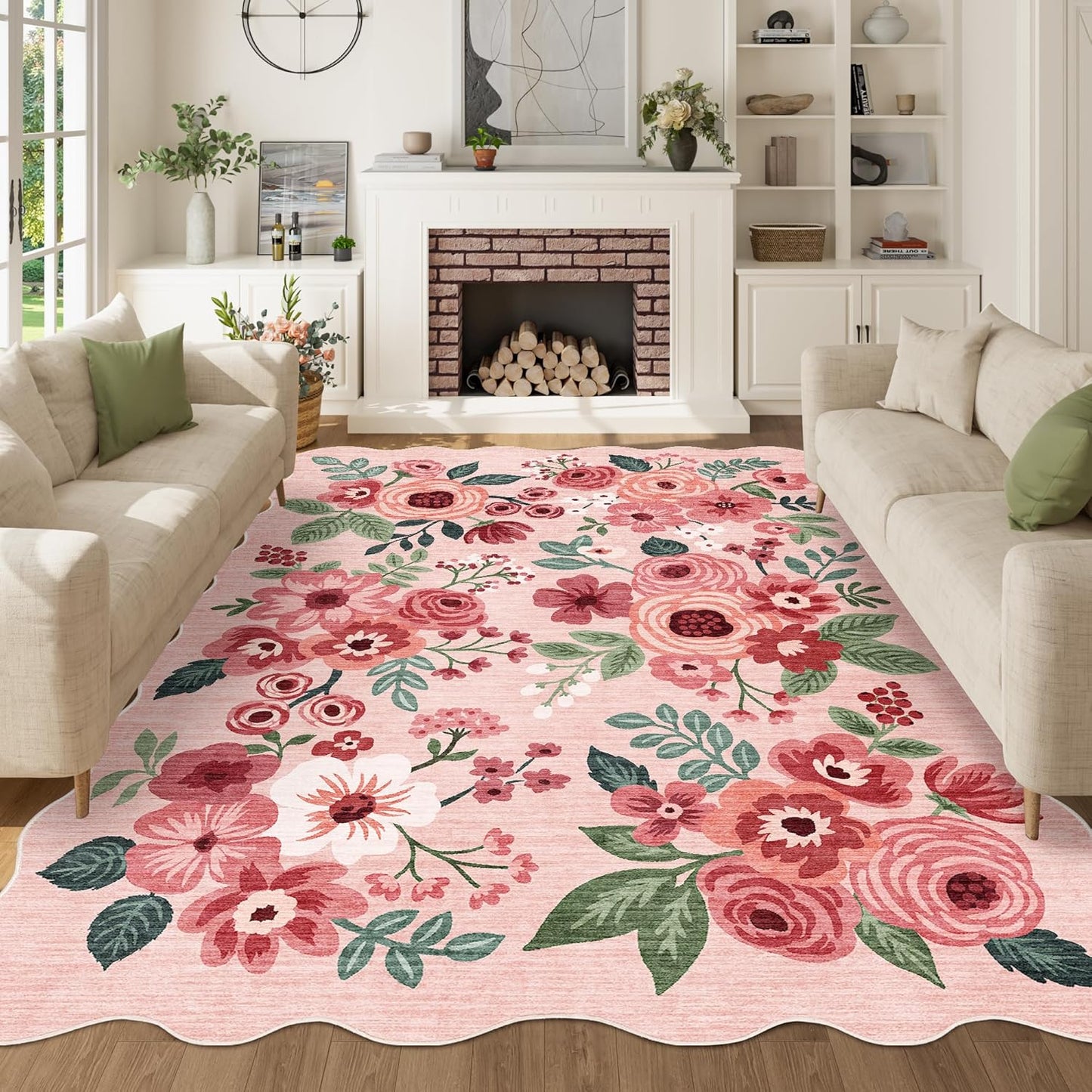 DUKINO 5x7 Area Rug, Floral Washable Rugs for Living Room with Non Slip Backing & Non-Shedding, Lightwight Low Pile Boho Design Large Carpets for Bedroom, Living Room, Dining Room, Pink